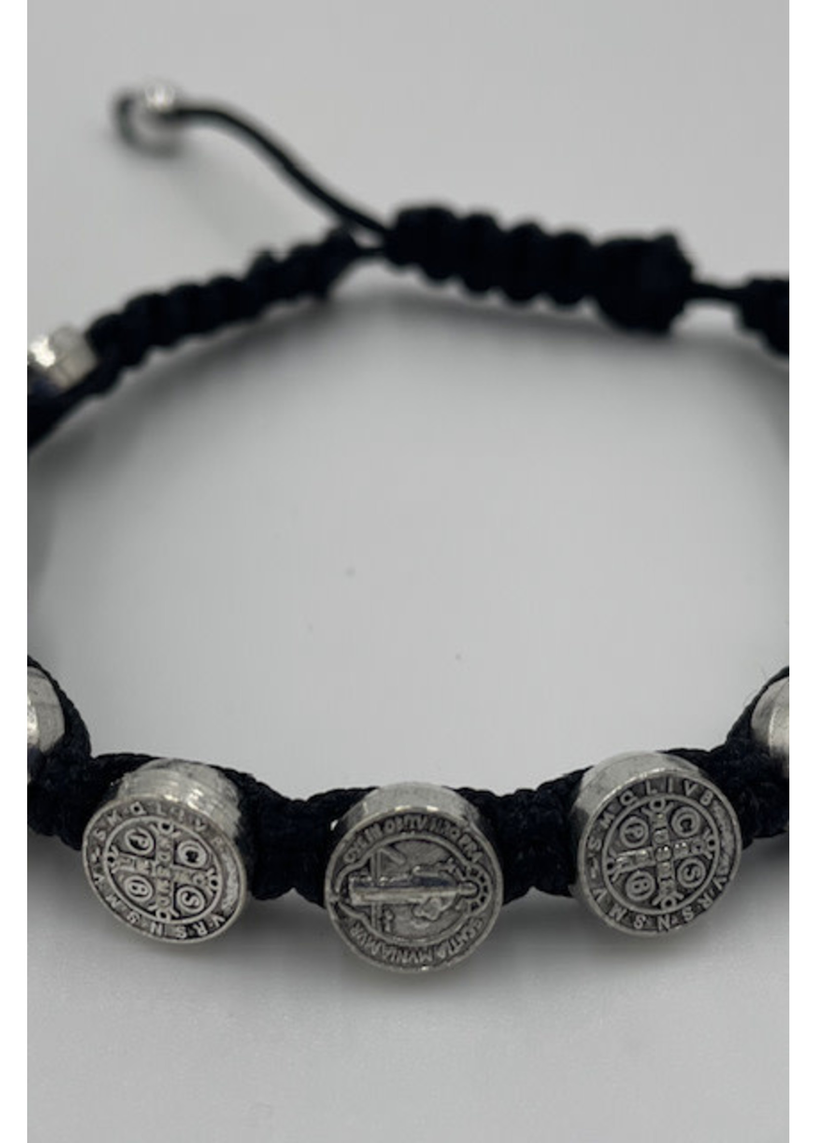 St Benedict black slip knot bracelet with silver tone medals