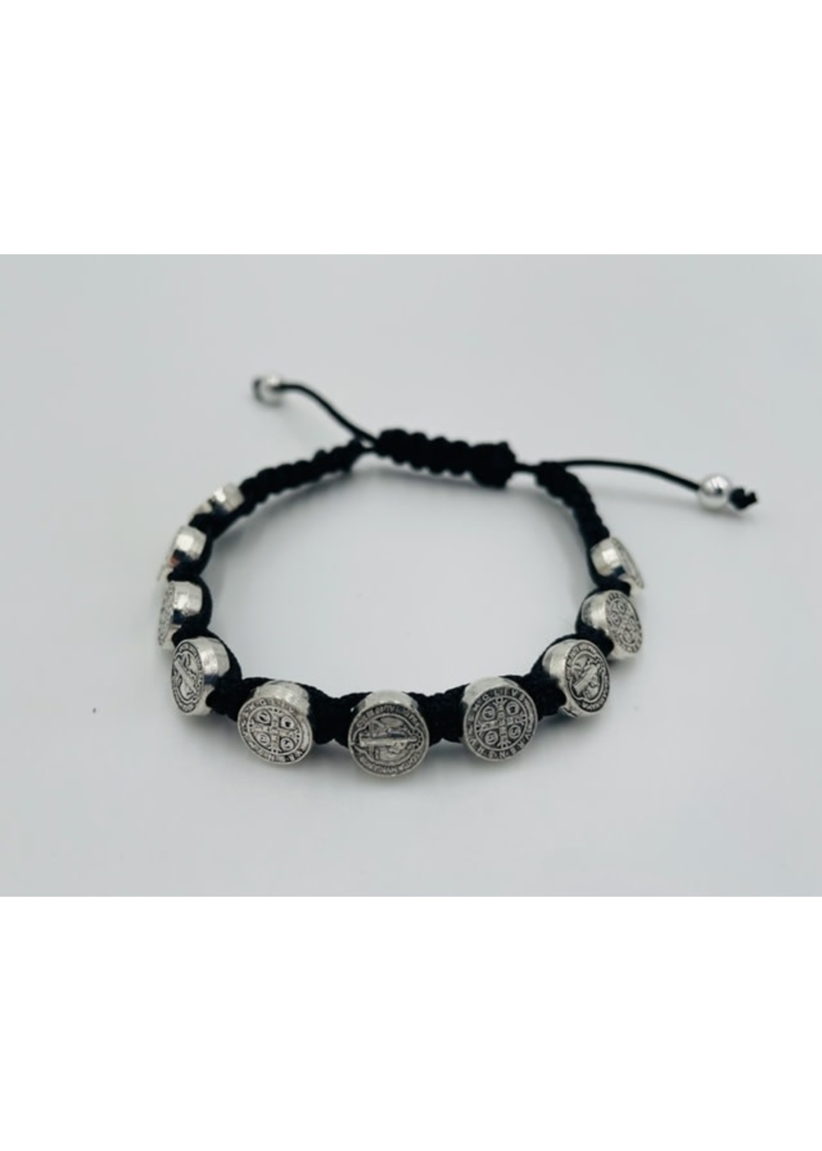 St Benedict black slip knot bracelet with silver tone medals