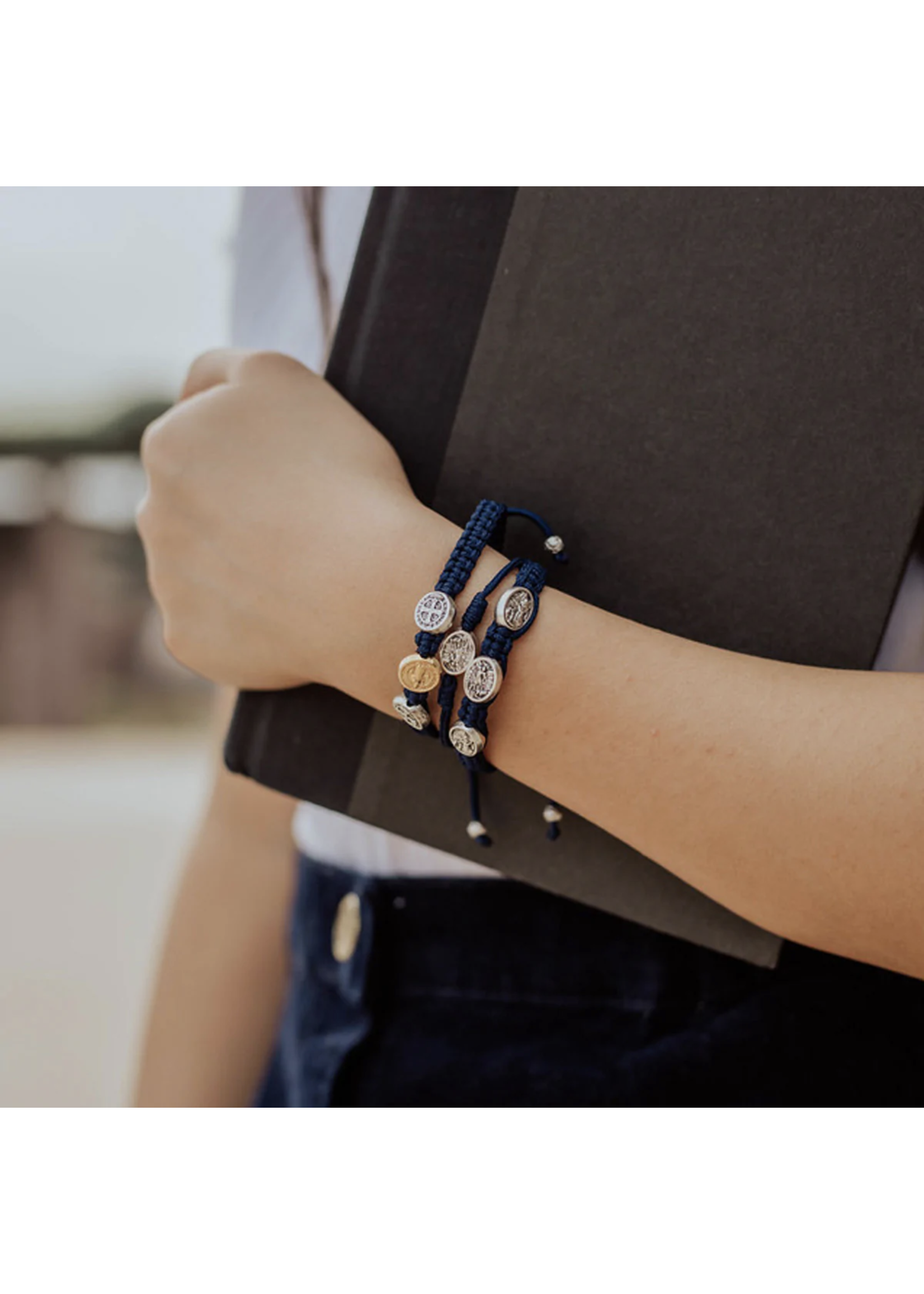 St. Michael Black Cord Bracelet with 18K Yellow Gold