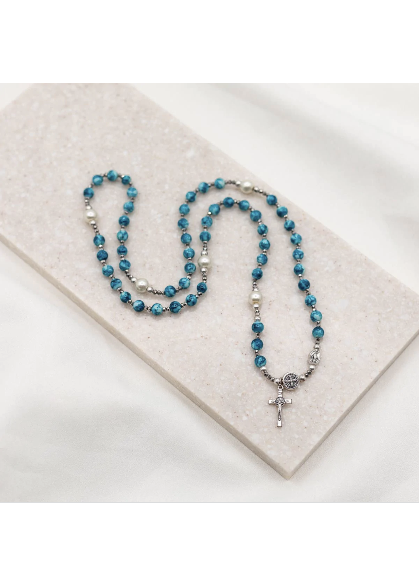 My Saint My Hero Miracles Rosary Wrap Bracelet - blue stone & pearl