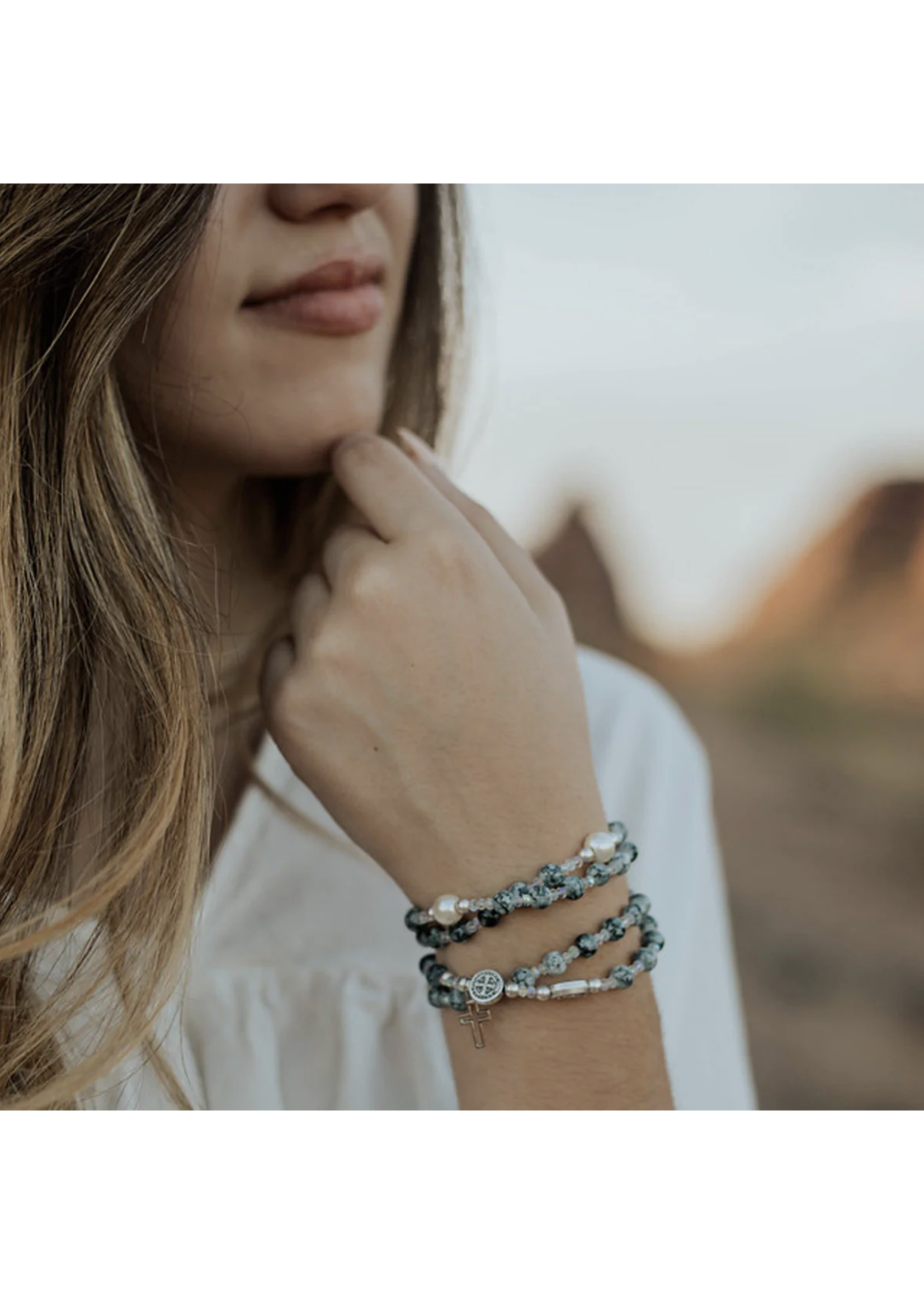 My Saint My Hero Miracles Rosary Wrap Bracelet - blue stone & pearl