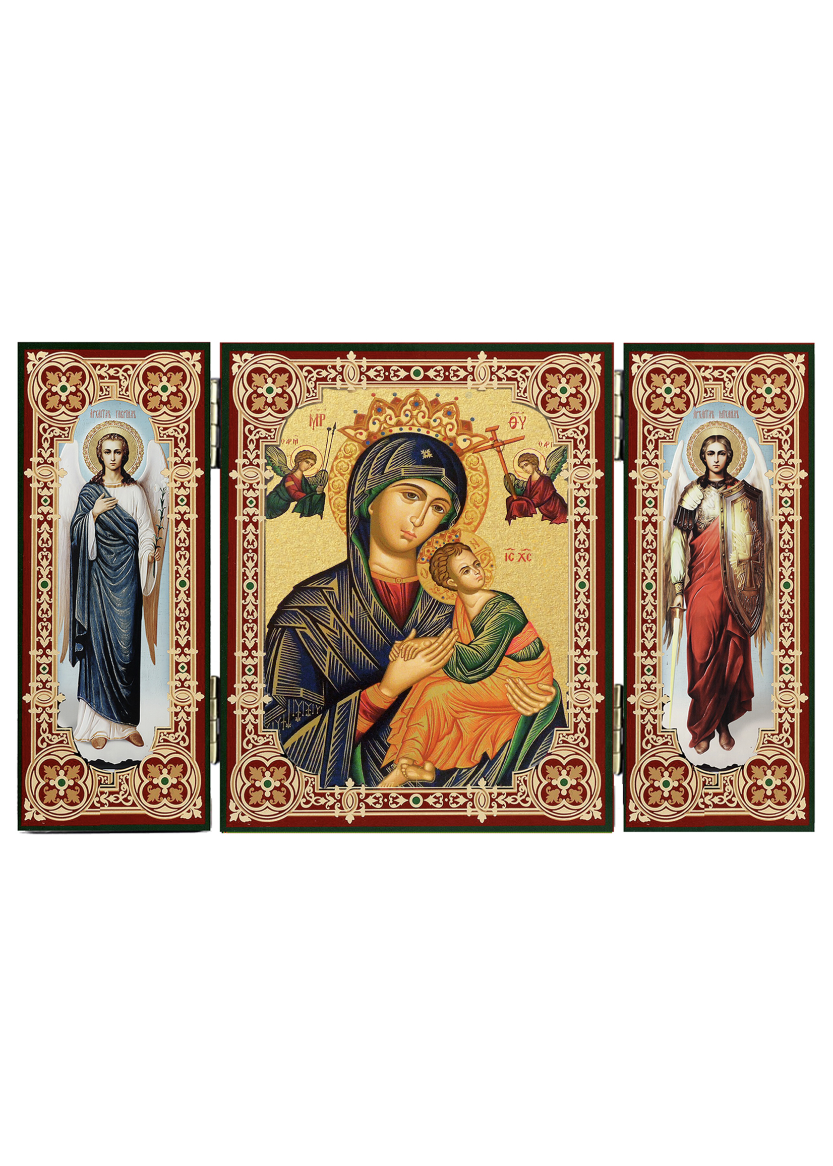 Perpetual Help Icon Triptych With Archangels Michael and Gabriel - Gold Foil - Wooden 5 1/16 Inch