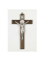 Saint Benedict Nut Wood Cross - Silver Tone