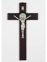 Saint Benedict Cherry Wood Cross - Silver Tone