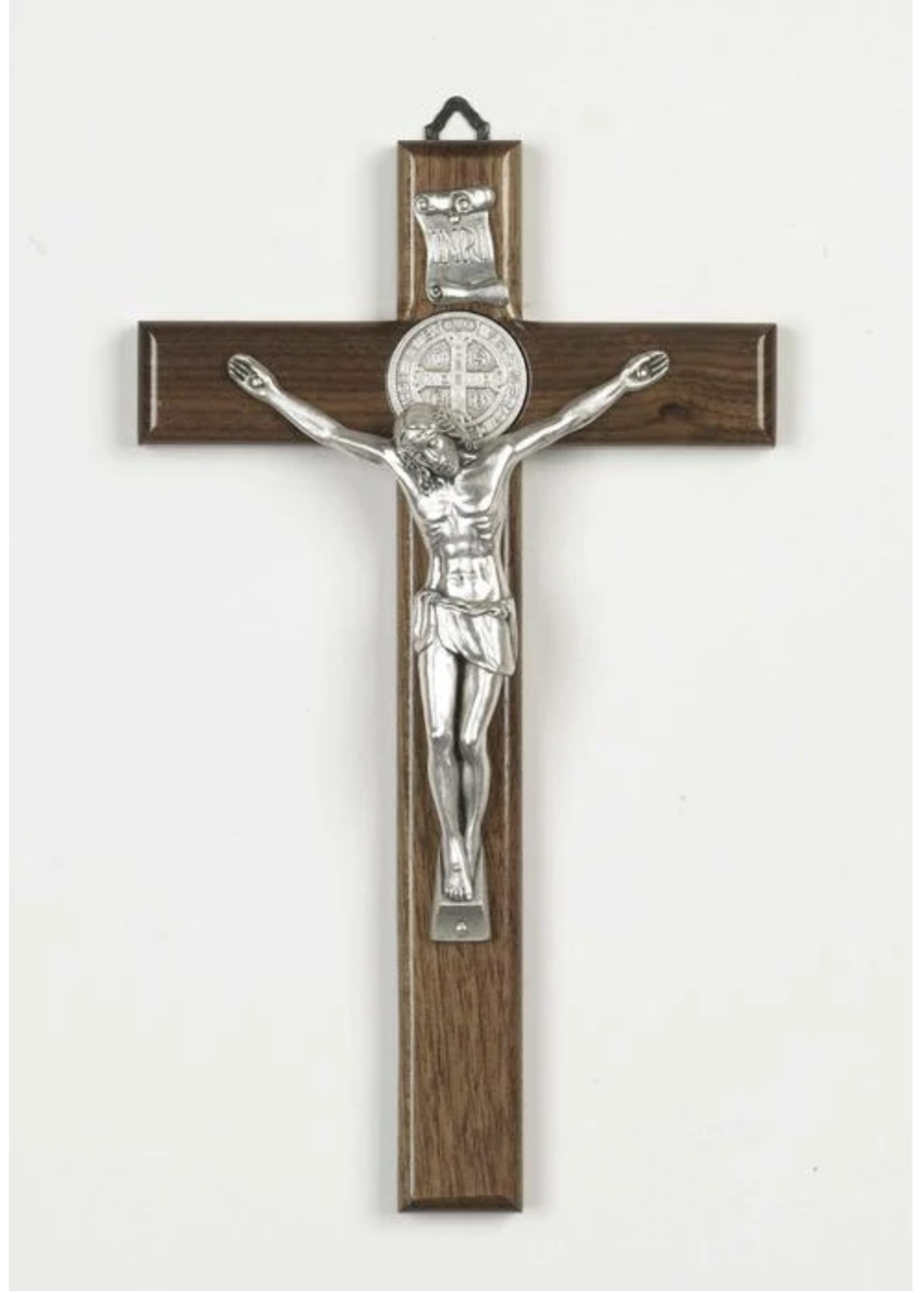 Saint Benedict Nut Wood Cross - Silver Tone
