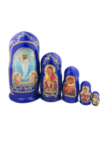 Resurrection of Christ Blue Russian Icon Nesting Dolls (5) with Icons of, Icon of the Mother of God of Pochaev, Sweet Kissing, Seven Swords , Child Jesus