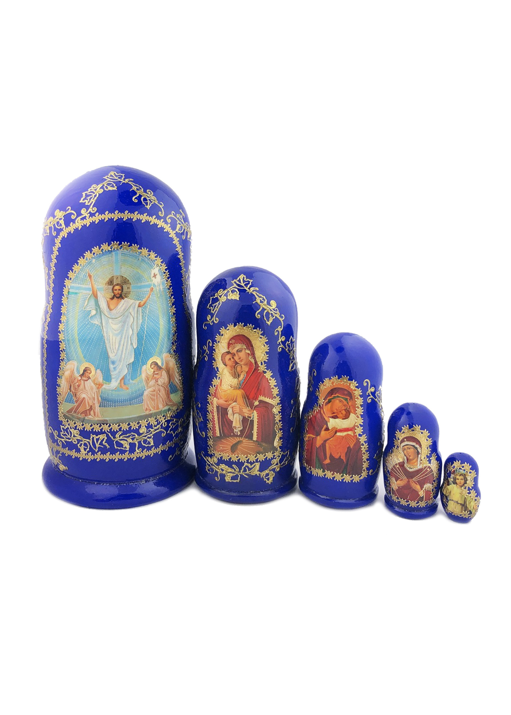 Resurrection of Christ Blue Russian Icon Nesting Dolls (5) with Icons of, Icon of the Mother of God of Pochaev, Sweet Kissing, Seven Swords , Child Jesus