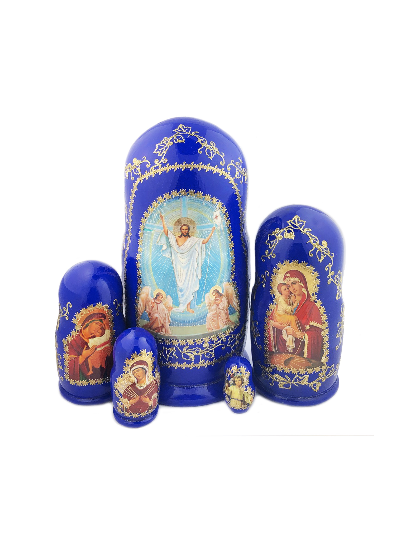 Resurrection of Christ Blue Russian Icon Nesting Dolls (5) with Icons of, Icon of the Mother of God of Pochaev, Sweet Kissing, Seven Swords , Child Jesus