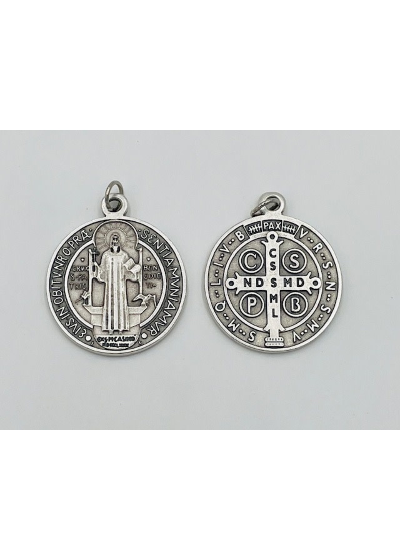 Silver tone Saint Benedict double sided round medal