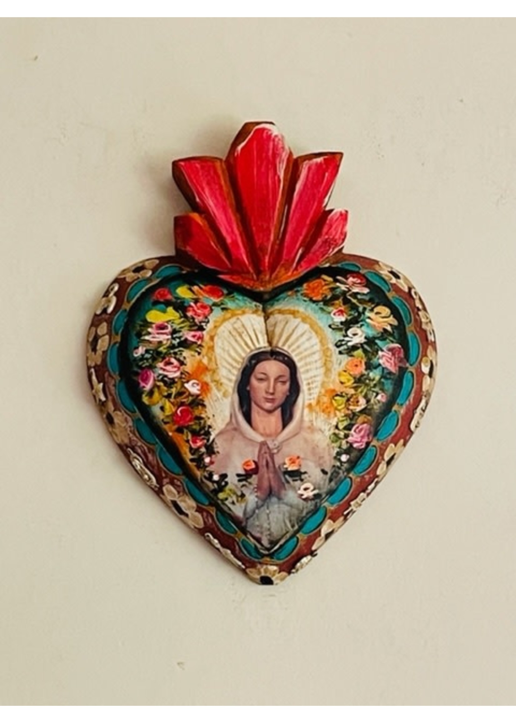 Rosa Mystica hand painted wood heart