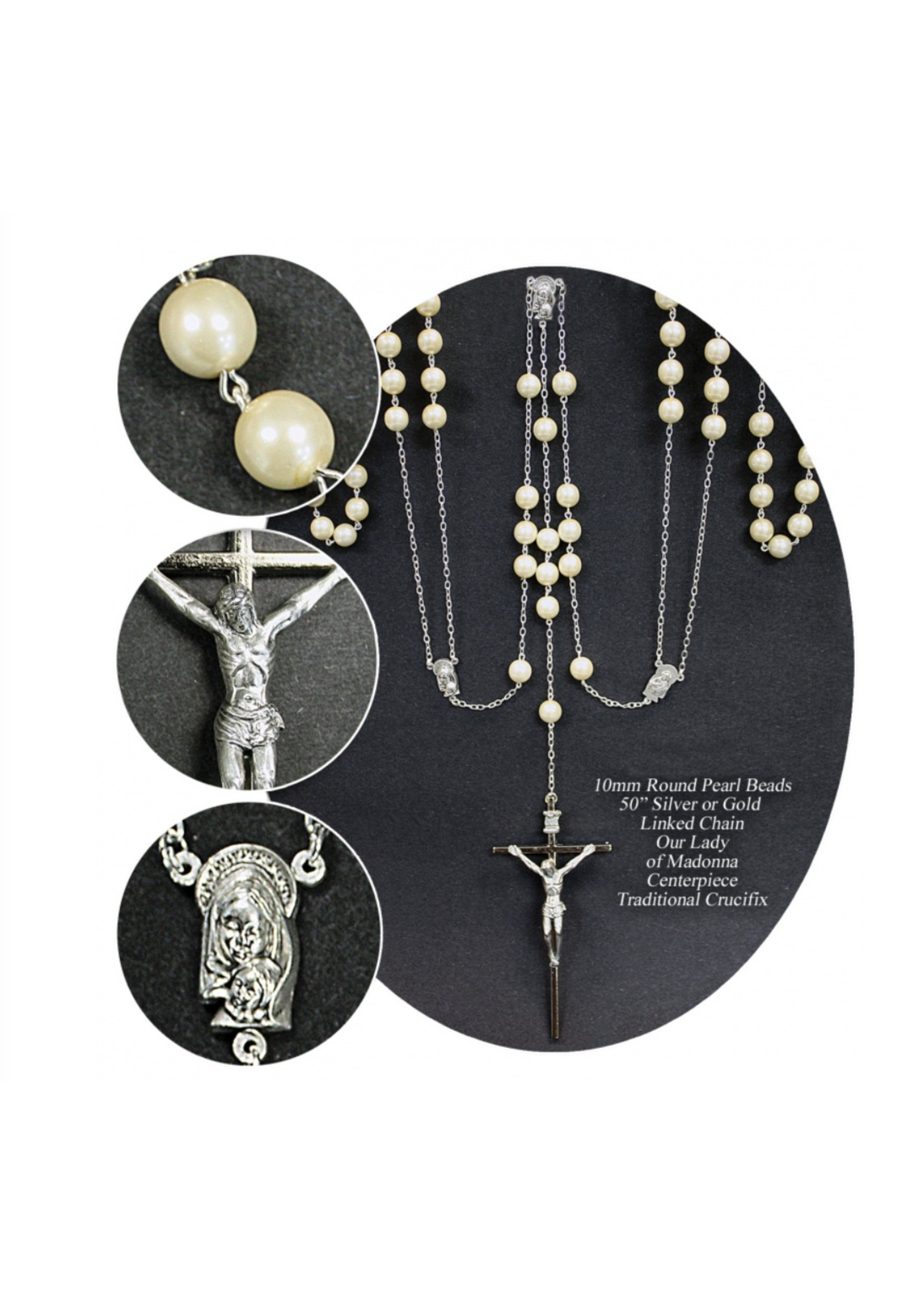 Pearl Rosary Wedding Lasso with silver-tone Crucifix