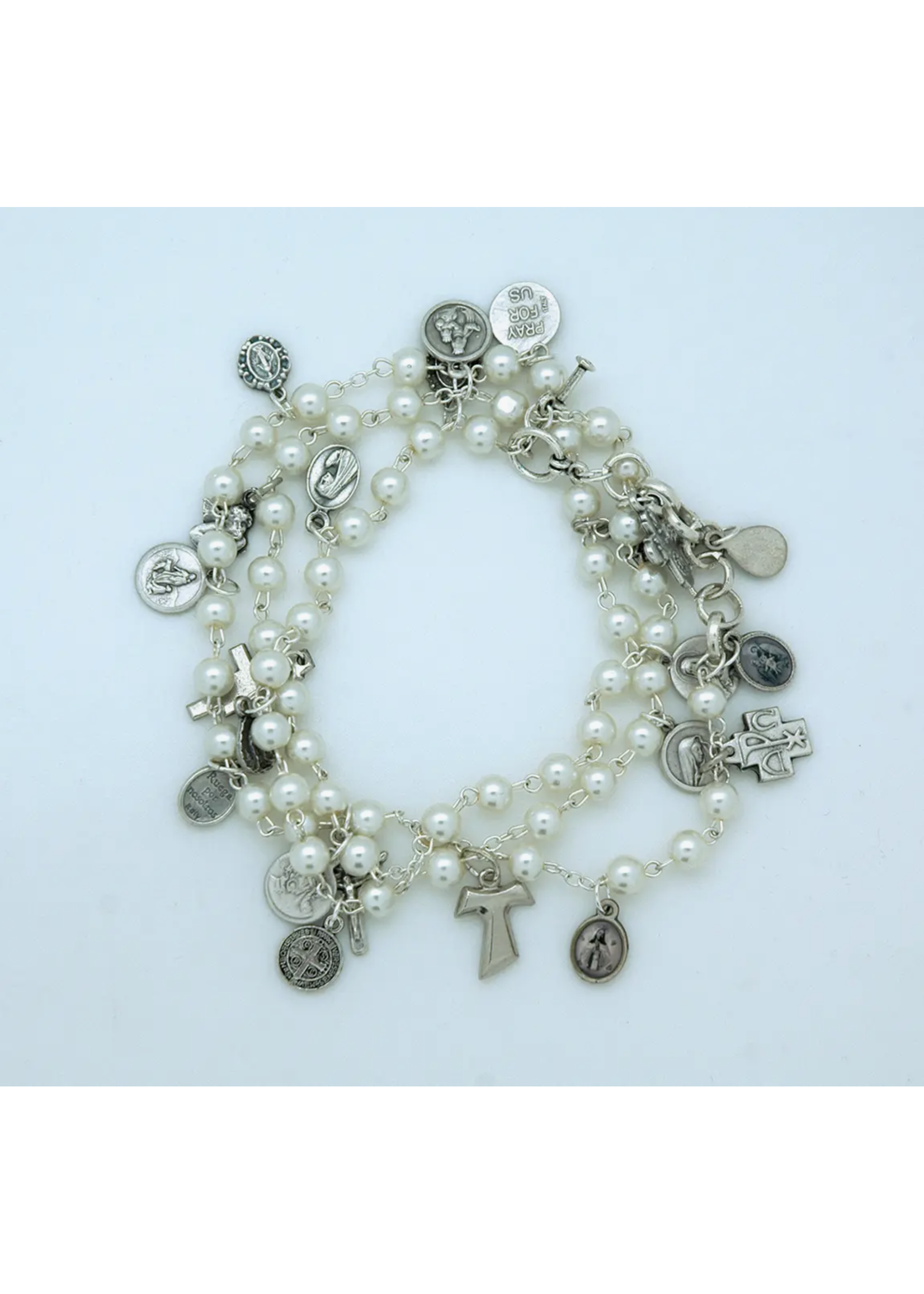 White Glass Pearl Rosary wrap bracelet or necklace with assorted medals
