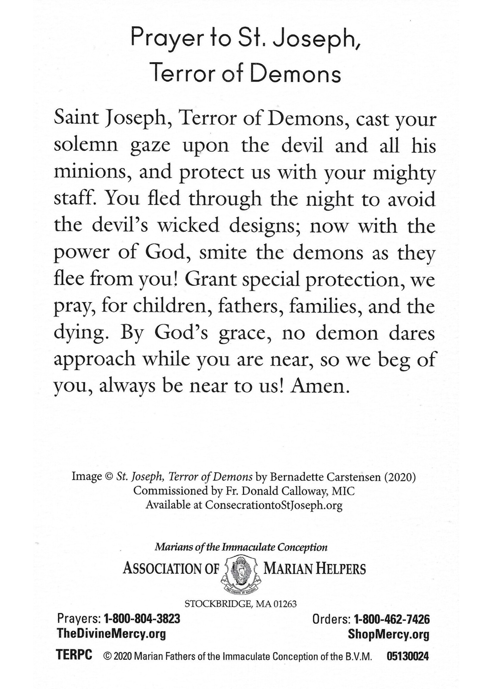 St Joseph Terror of Demons Prayer Card