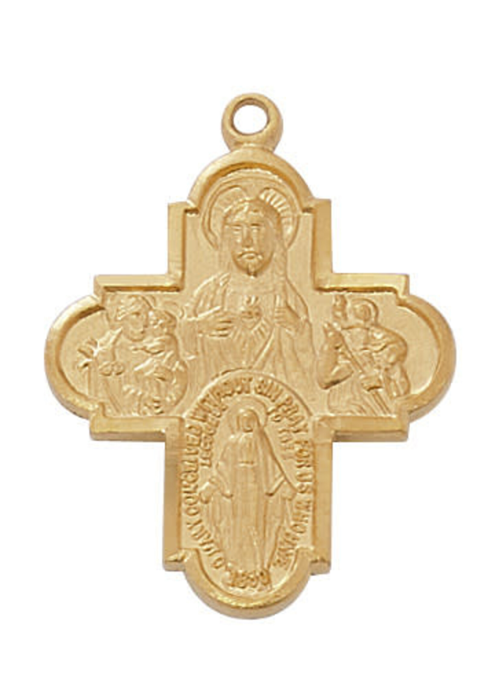 4-Way Cross pendant, gold over sterling silver, 18" rhodium chain
