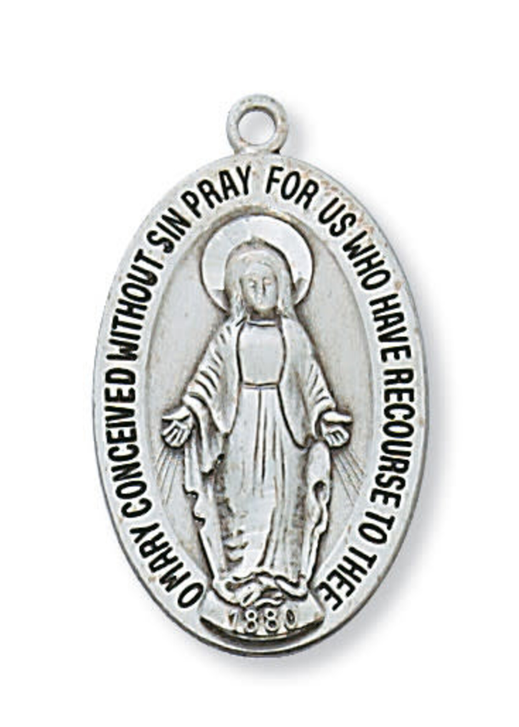 Sterling Silver Miraculous Medal, 1 1/8" x  3/4" w/ 20" chain