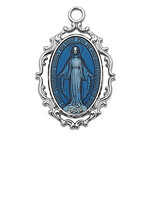 McVan Miraculous Medal pendant, sterling silver & blue, 18" rhodium plated chain