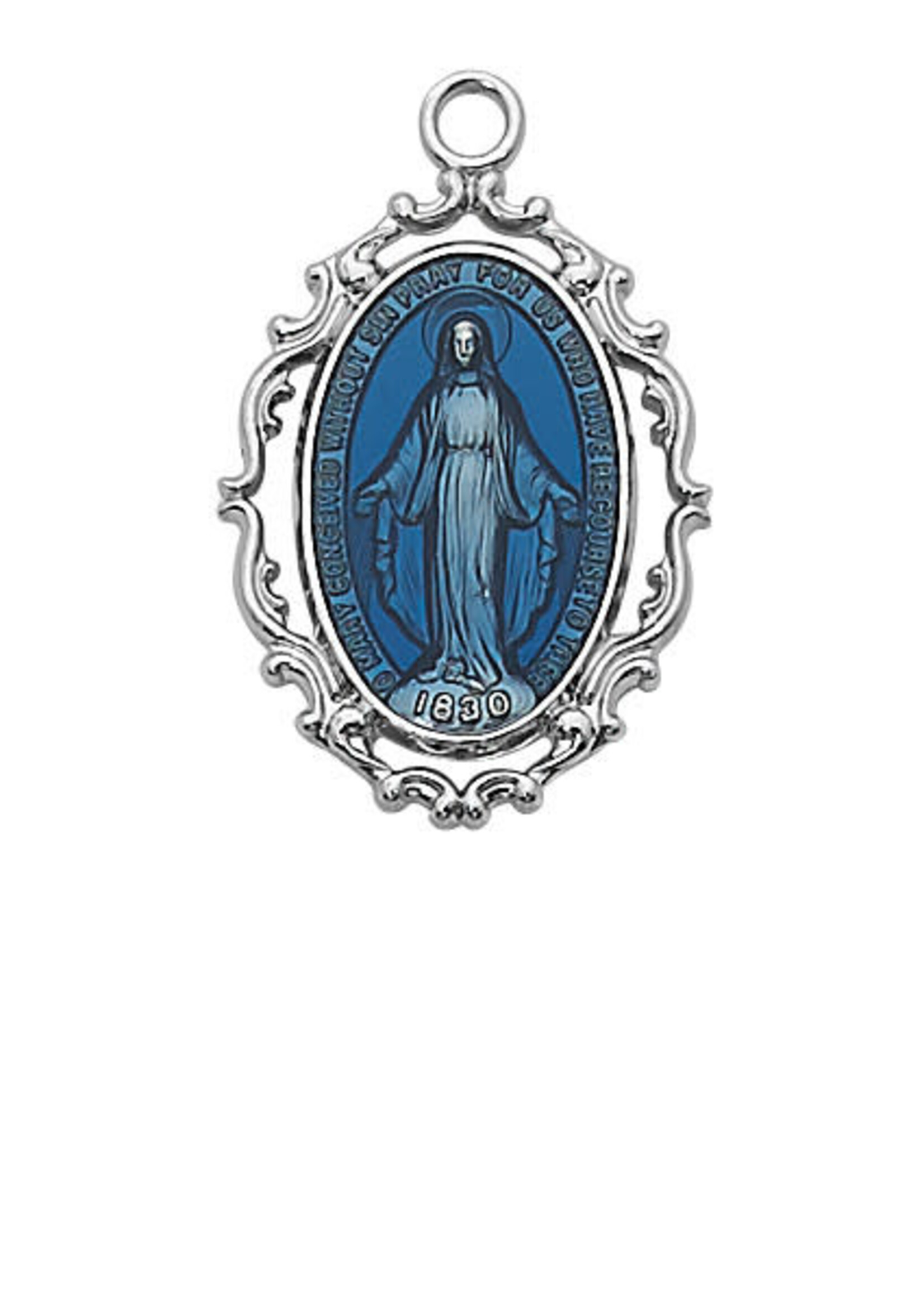 Miraculous Medal pendant, sterling silver & blue, 18" rhodium plated chain