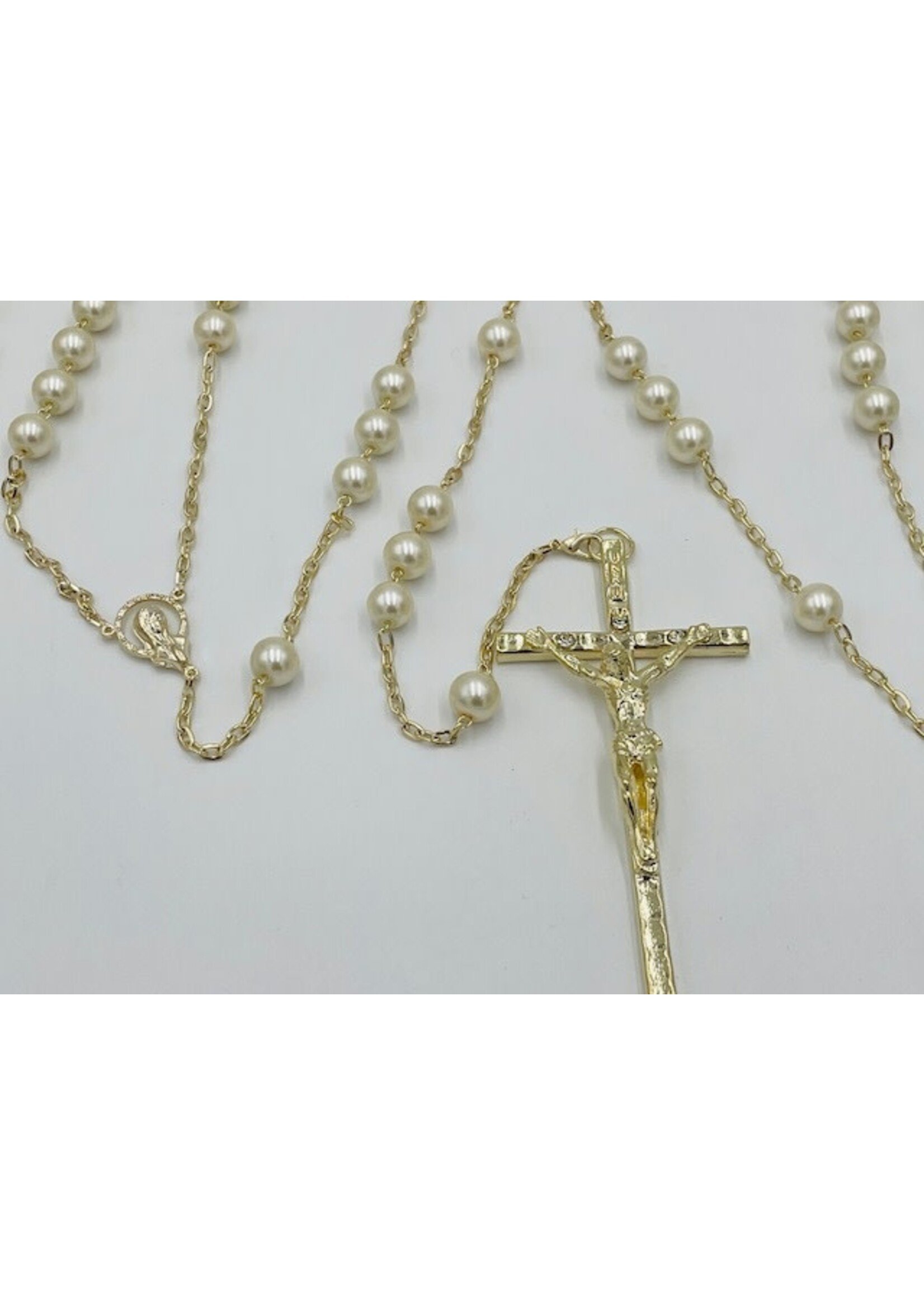 Pearl Rosary Wedding Lasso with gold-tone Crucifix