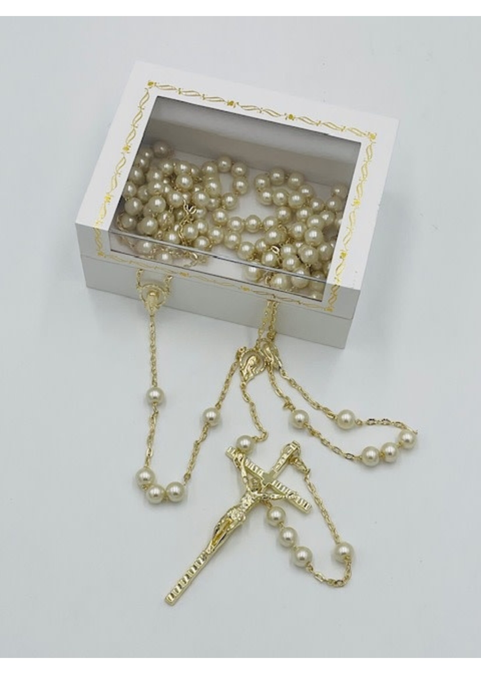 Pearl Rosary Wedding Lasso with gold-tone Crucifix and Deluxe Box