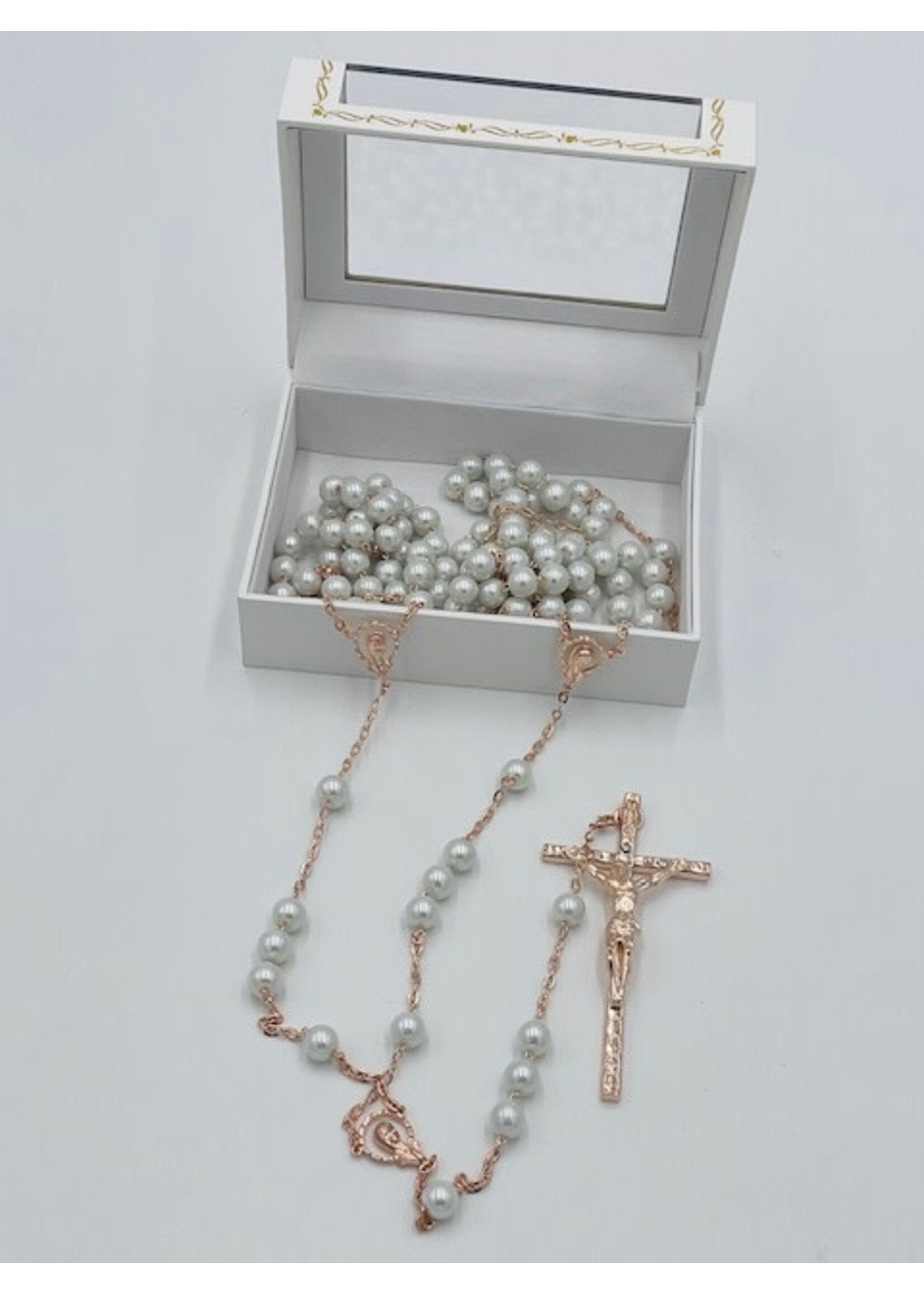 Wedding Lasso Rosary white faux pearl + rose gold tone
