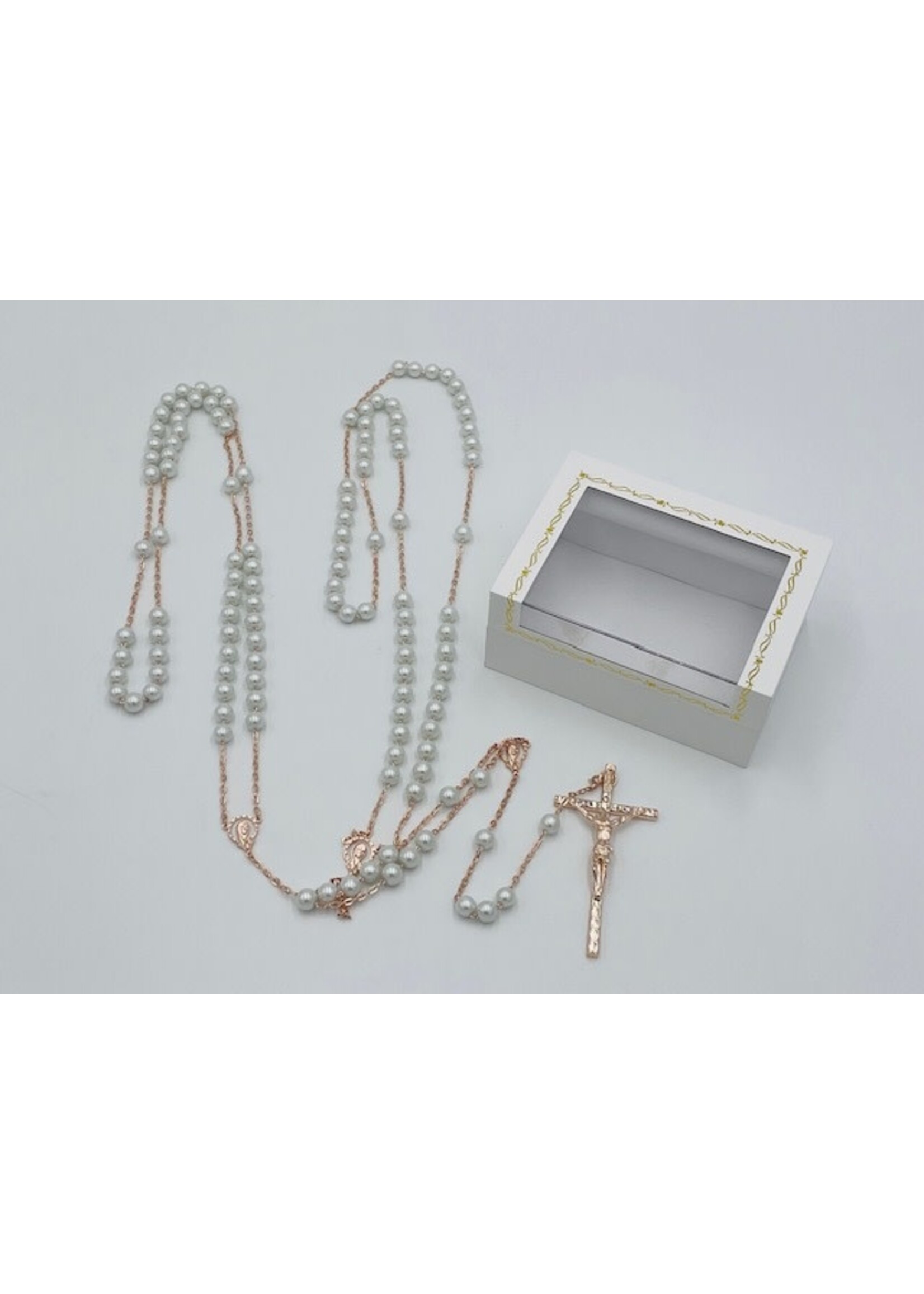 Wedding Lasso Rosary white faux pearl + rose gold tone