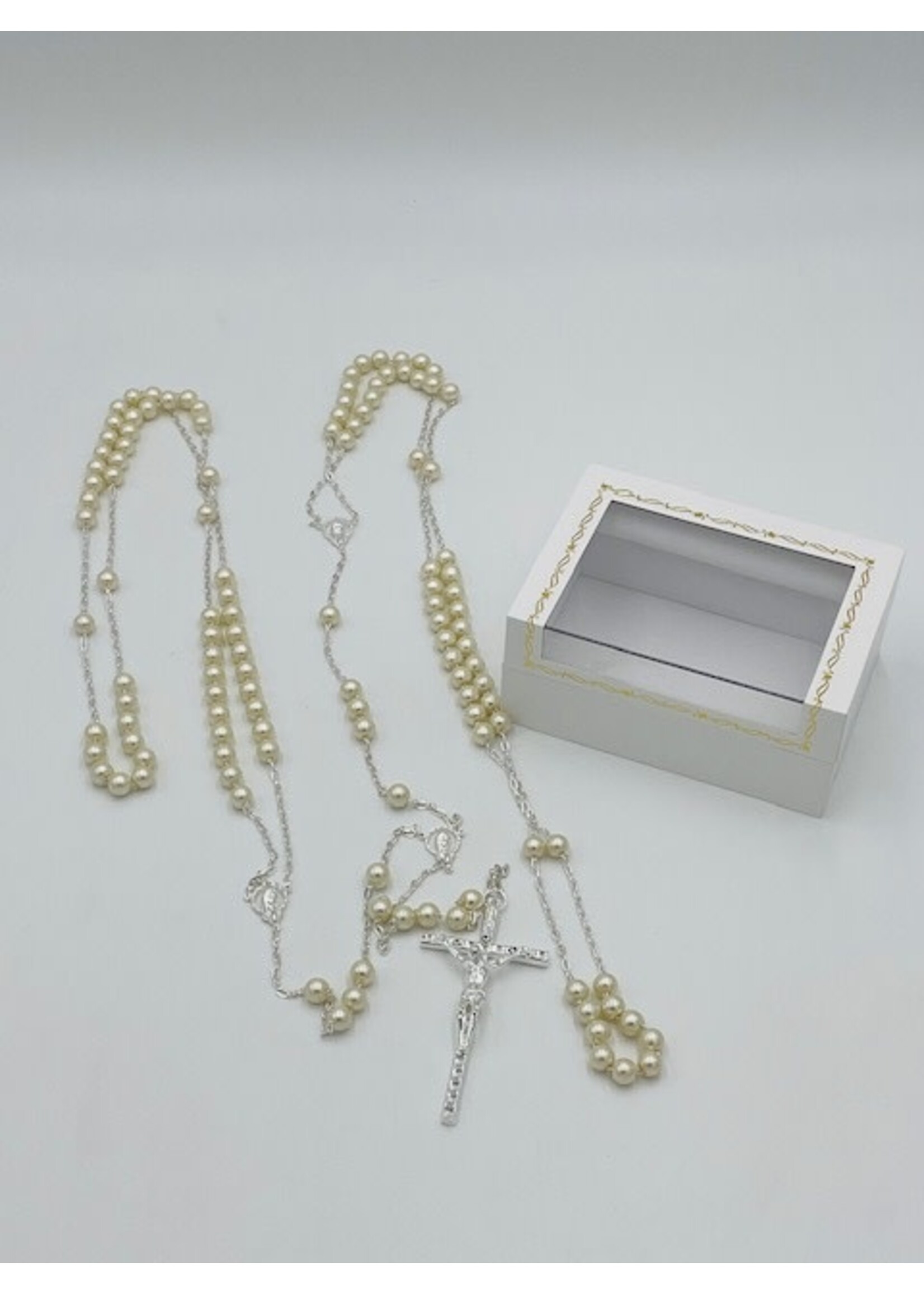 Pearl Rosary Wedding Lasso with Traditional silver-tone Crucifix and Deluxe Box