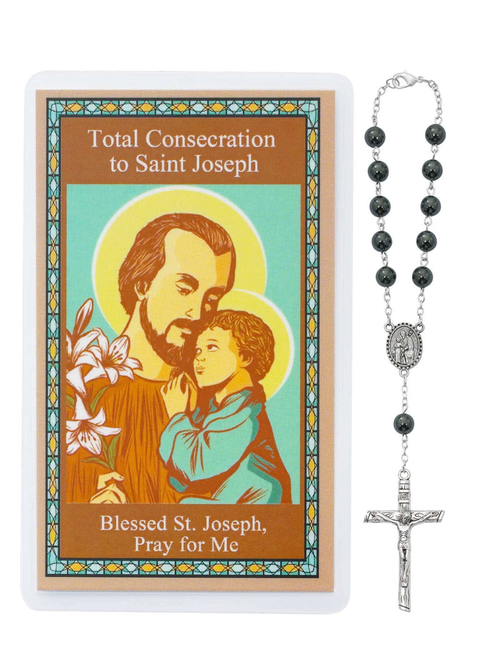 St Joseph Hematite Auto Rosary + Prayer Card