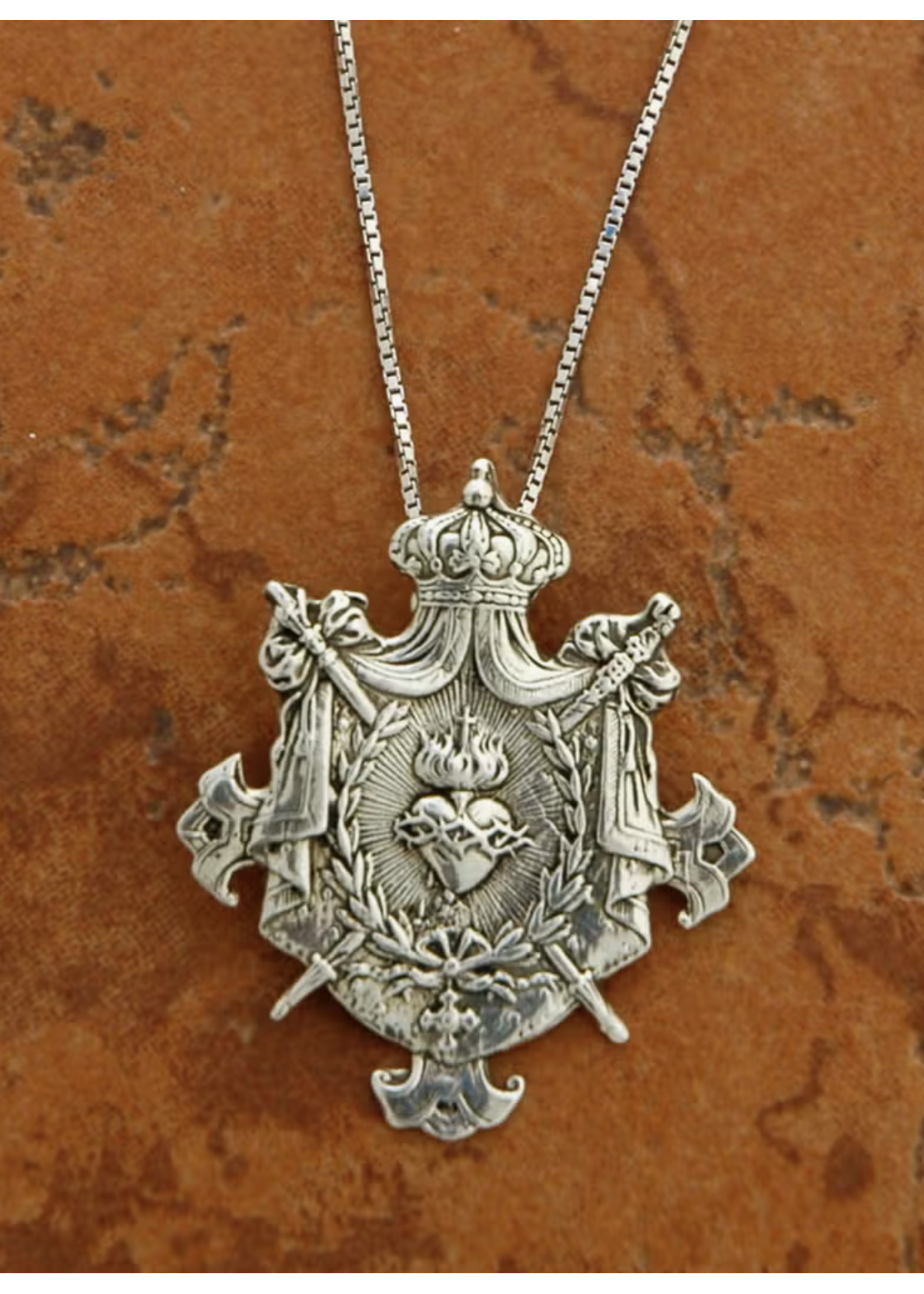 Sacred Heart with Crown & Swords Sterling Silver Pendant