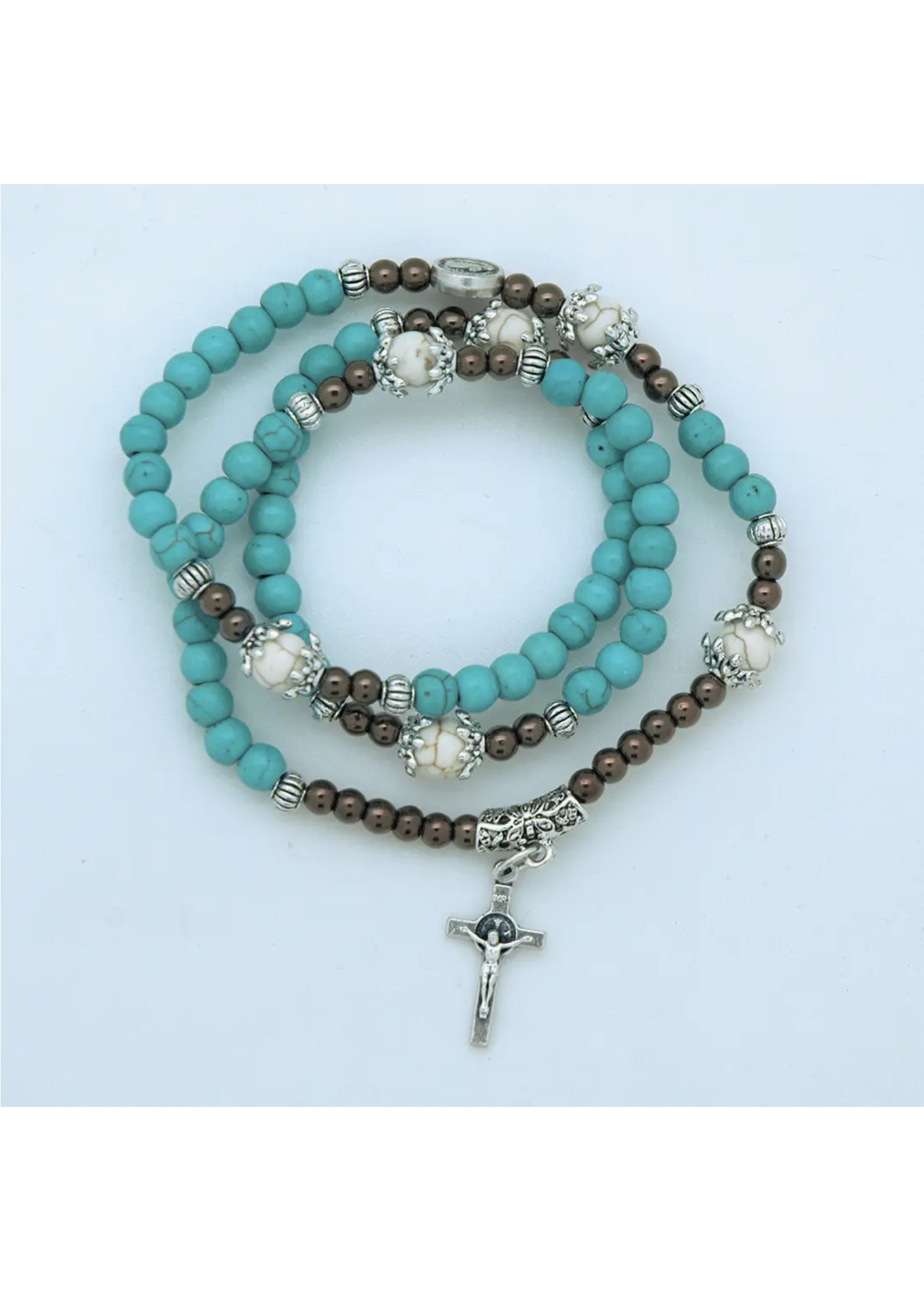 Turquoise Rosary Wrap Bracelet from Fatima with St Benedict Medals