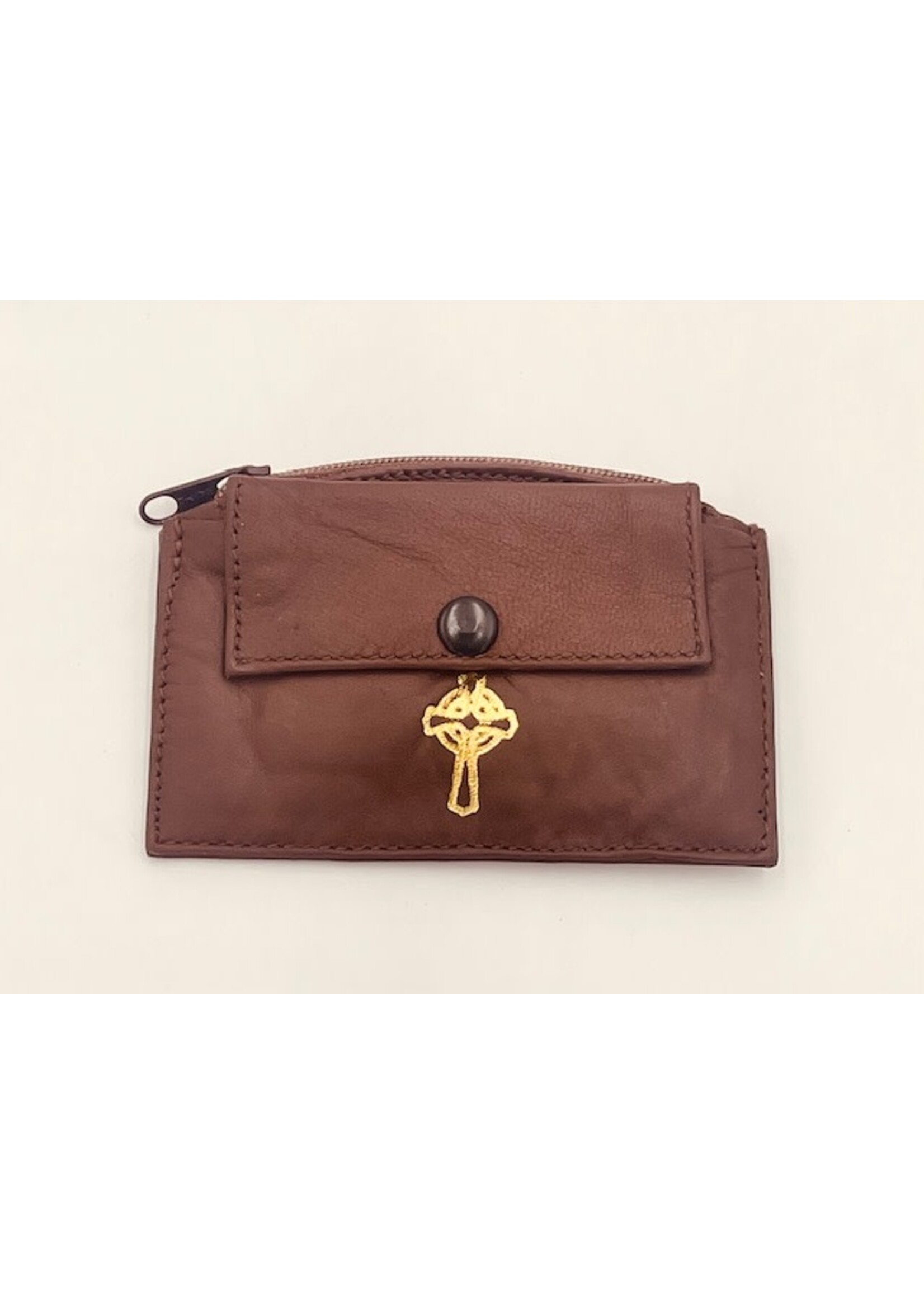 Brown Leather Rosary Case with Zipper + Snap Pocket