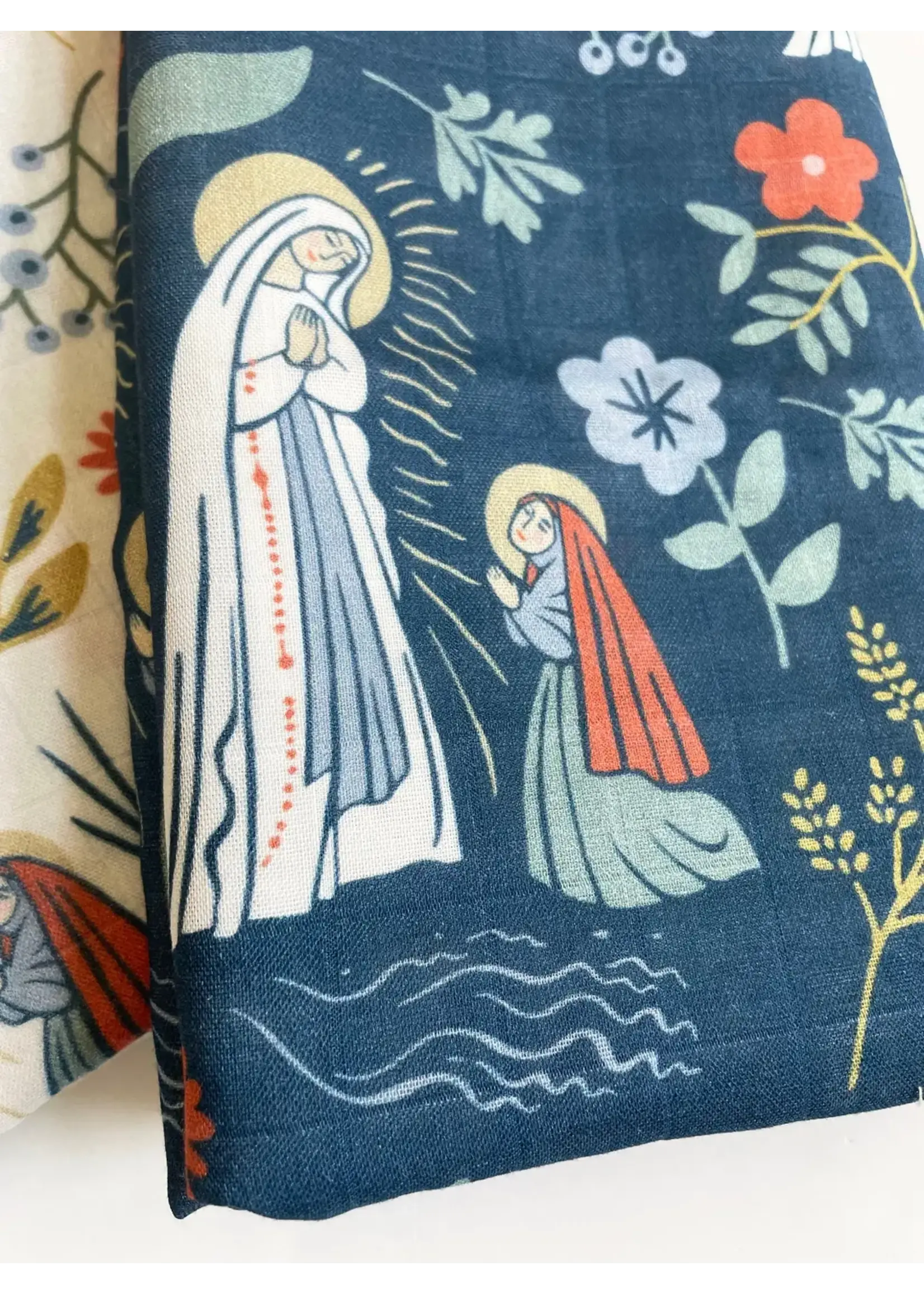 Our Lady of Lourdes & St. Bernadette Deluxe Baby Swaddle - Navy