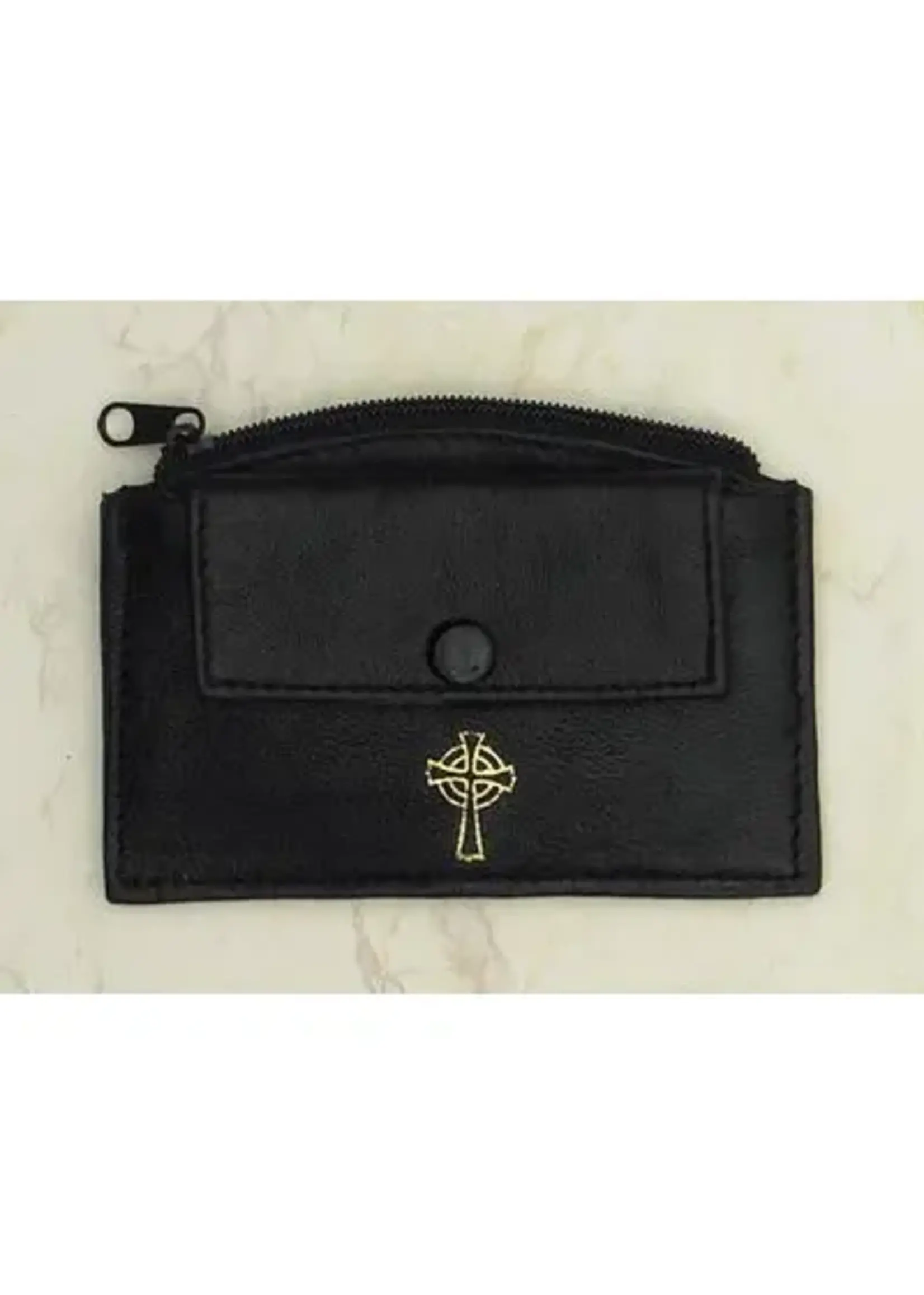 Black Leather Rosary Case with zipper + snap pocket