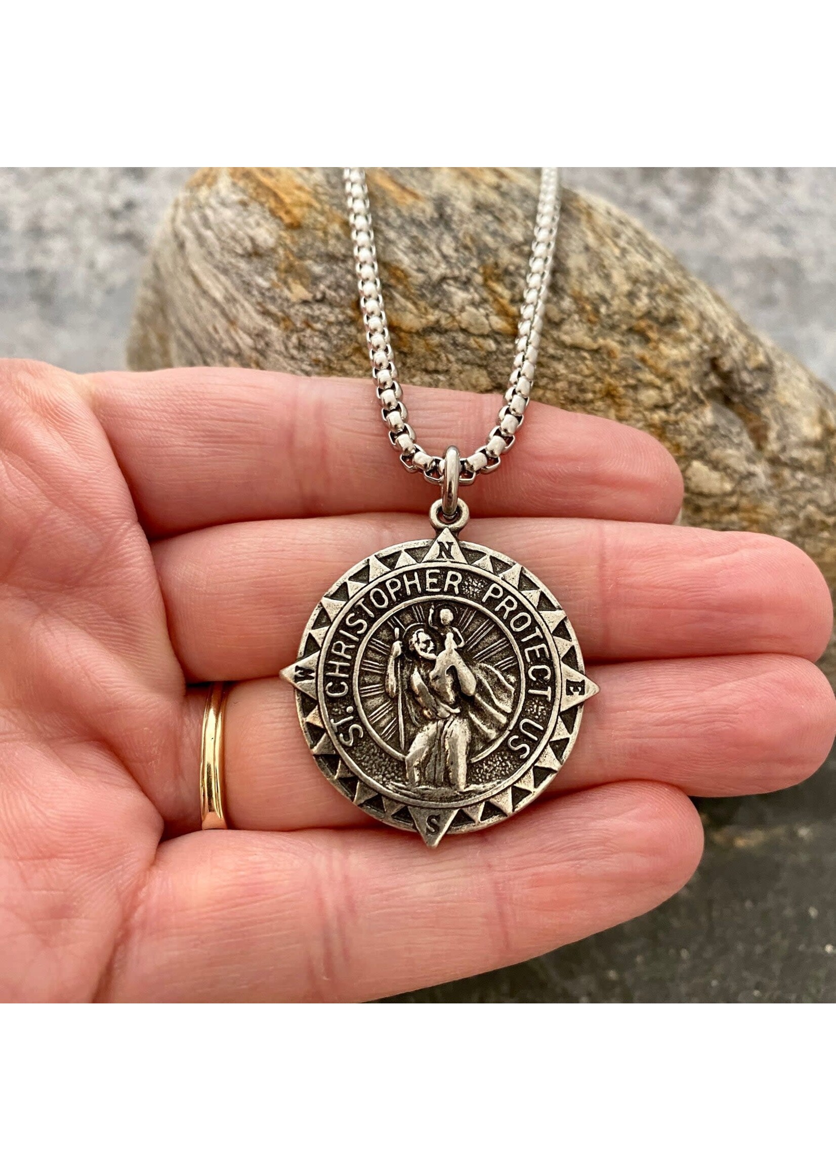 johnny ltd St Christopher Compass Large Silver Pewter Men's Pendant Necklace