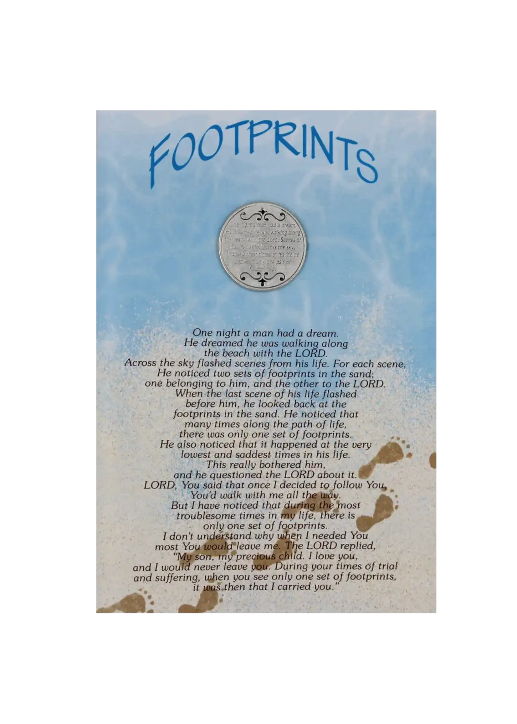 Footprints in the Sand Greeting Card with pocket prayer token/coin