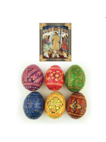 6 Colorful Wooden Ukrainian Pysanky Eggs + 3" Resurrection Wooden Icon