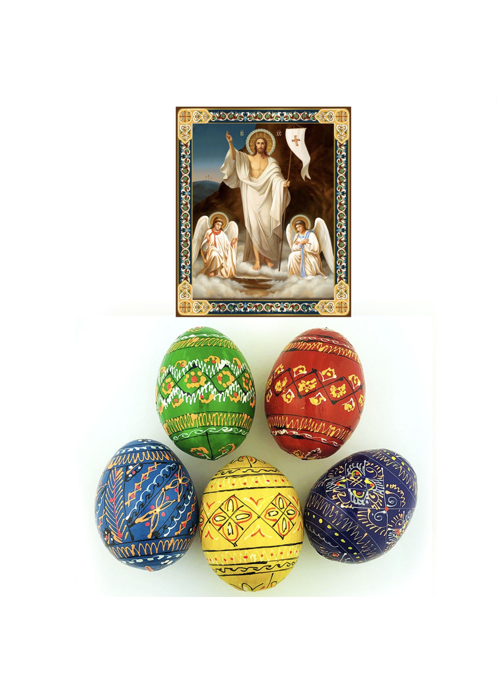 5 Colorful Wooden Pysanky Eggs + 3"  Resurrection of Christ Icon