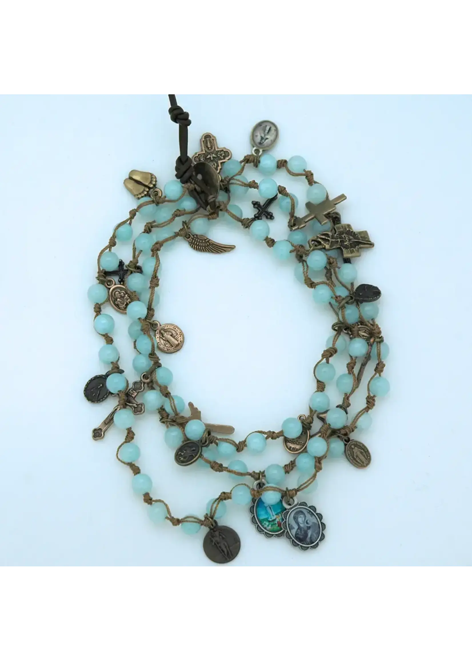 Aquamarine gemstone + medals wrap bracelet/necklace