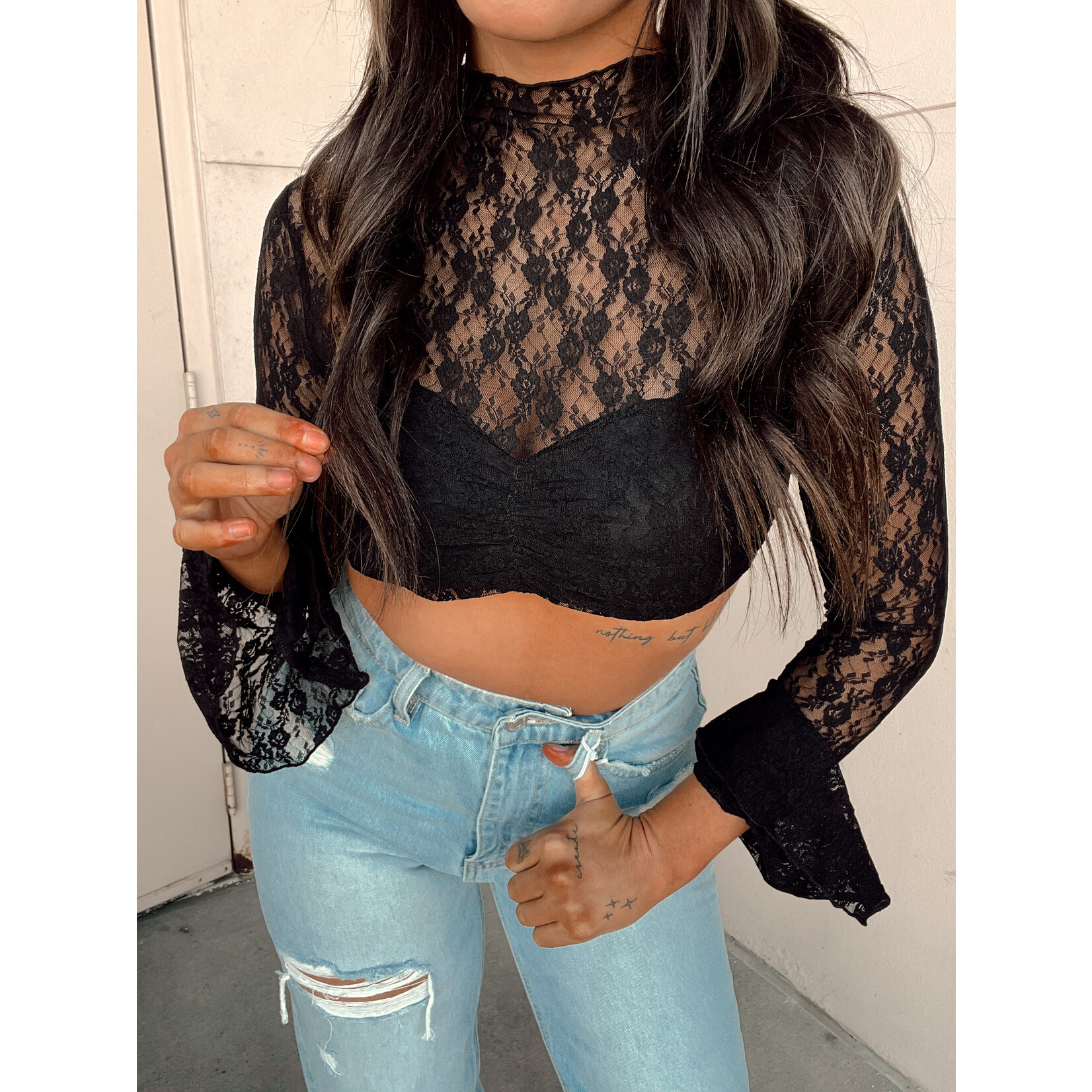 Lace Cropped Top W/ Bell Sleeve