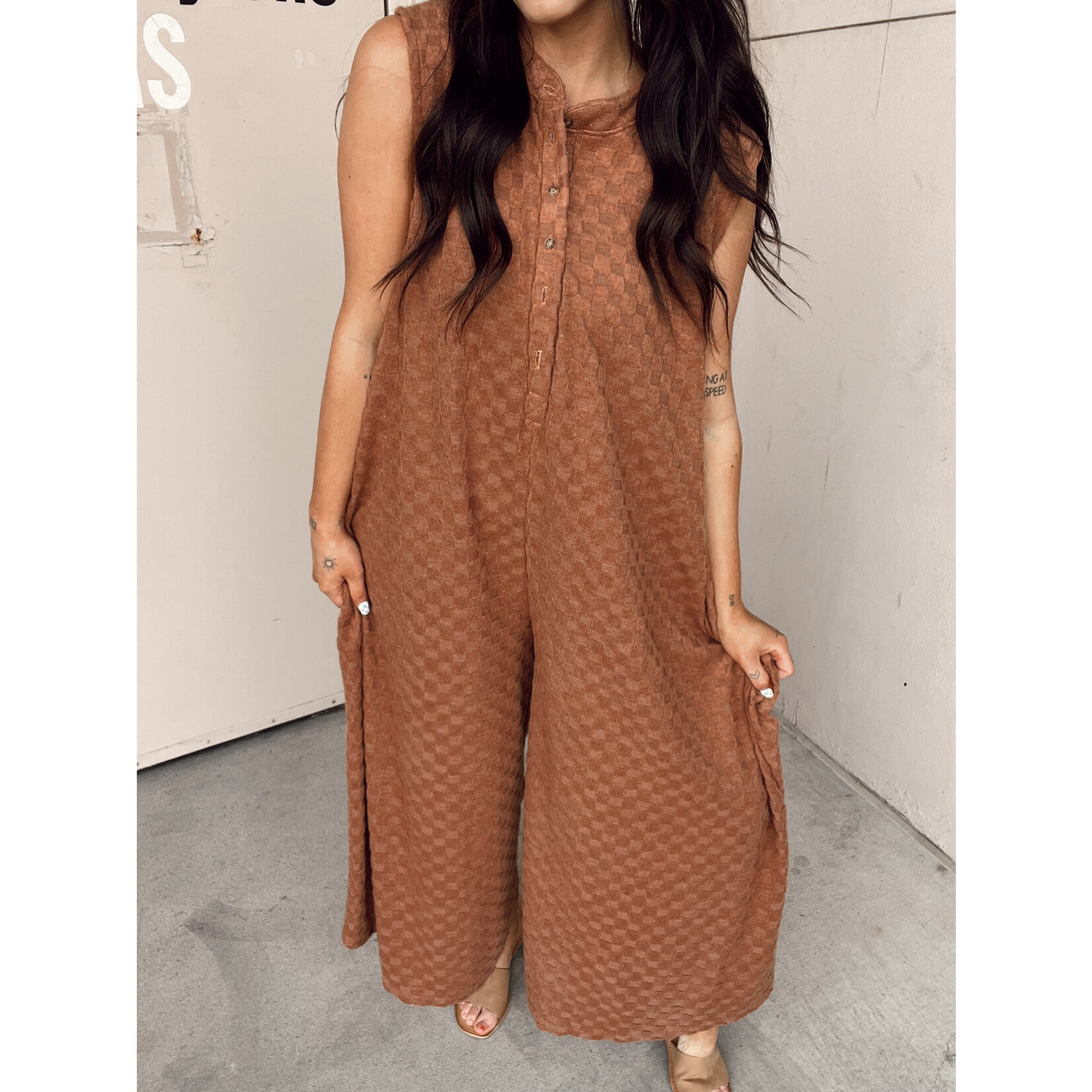 Checkered Knit Wide Leg Jumpsuit