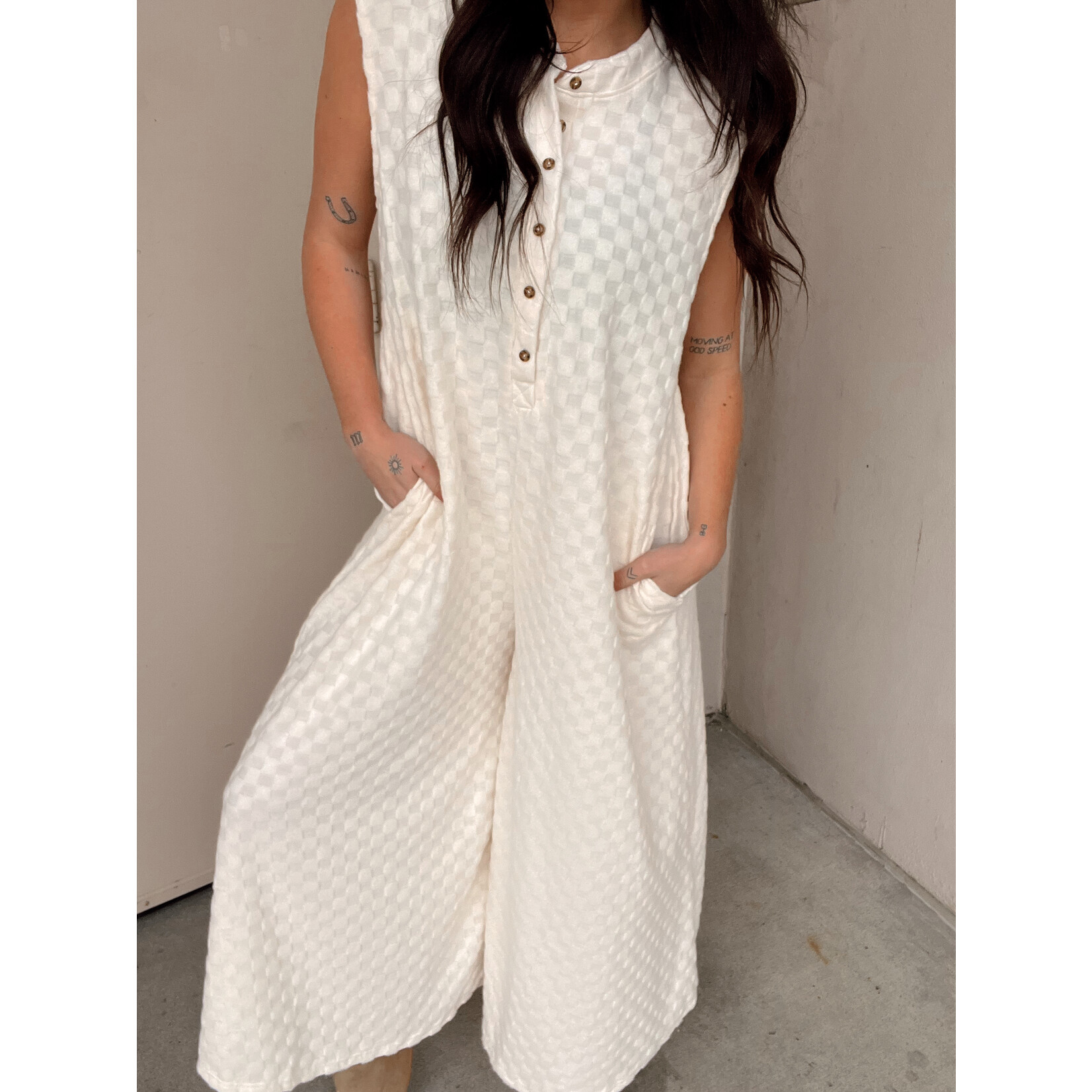 Checkered Knit Wide Leg Jumpsuit