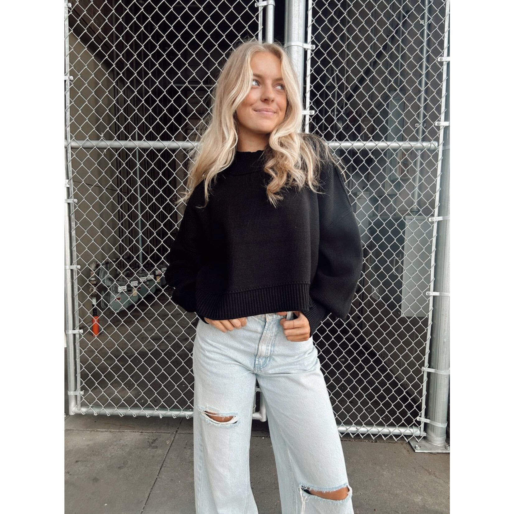 zenana Side Slit Oversized Crop Sweater