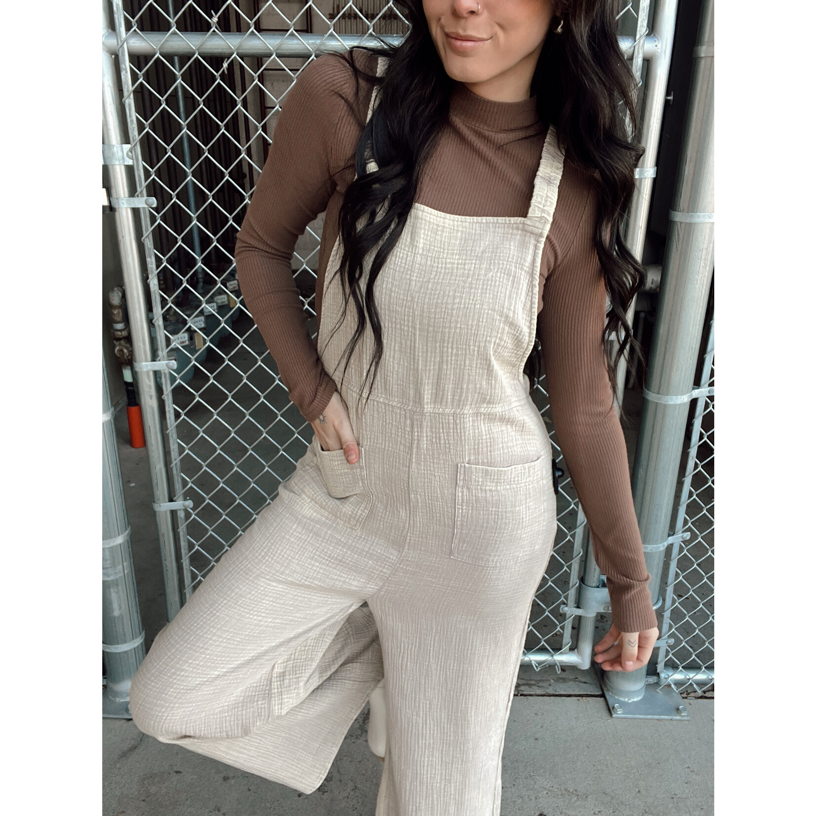 zenana Washed Gauze Wide Overalls