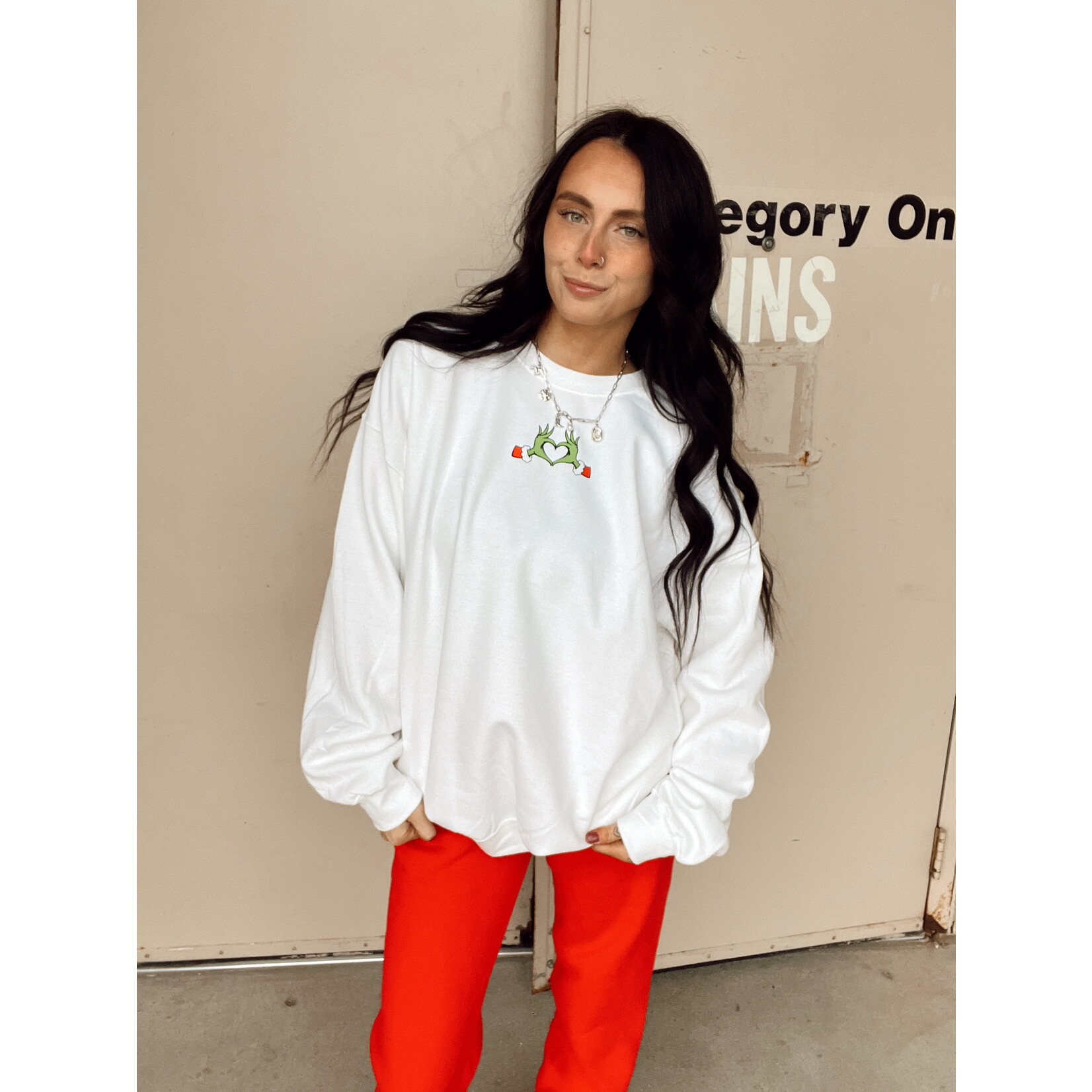 Gildan Christmas Grinch Heart Hands Crew