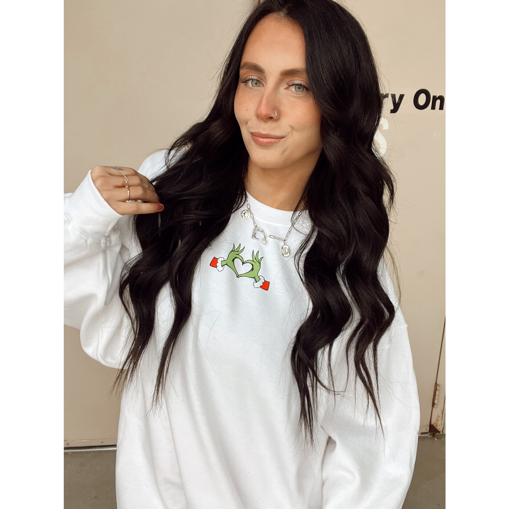 Gildan Christmas Grinch Heart Hands Crew