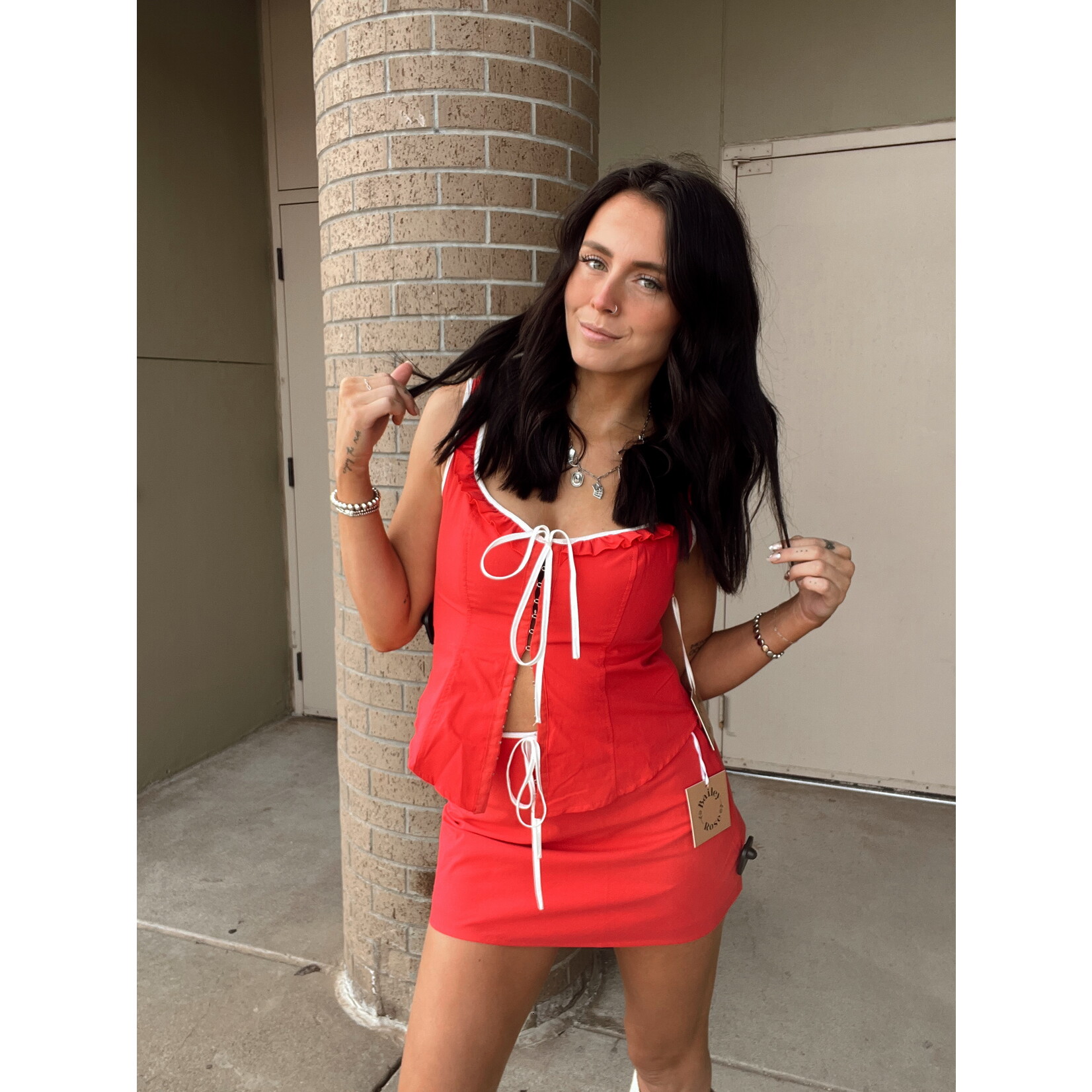 Drawstring Mini Skirt with Contrast Trim