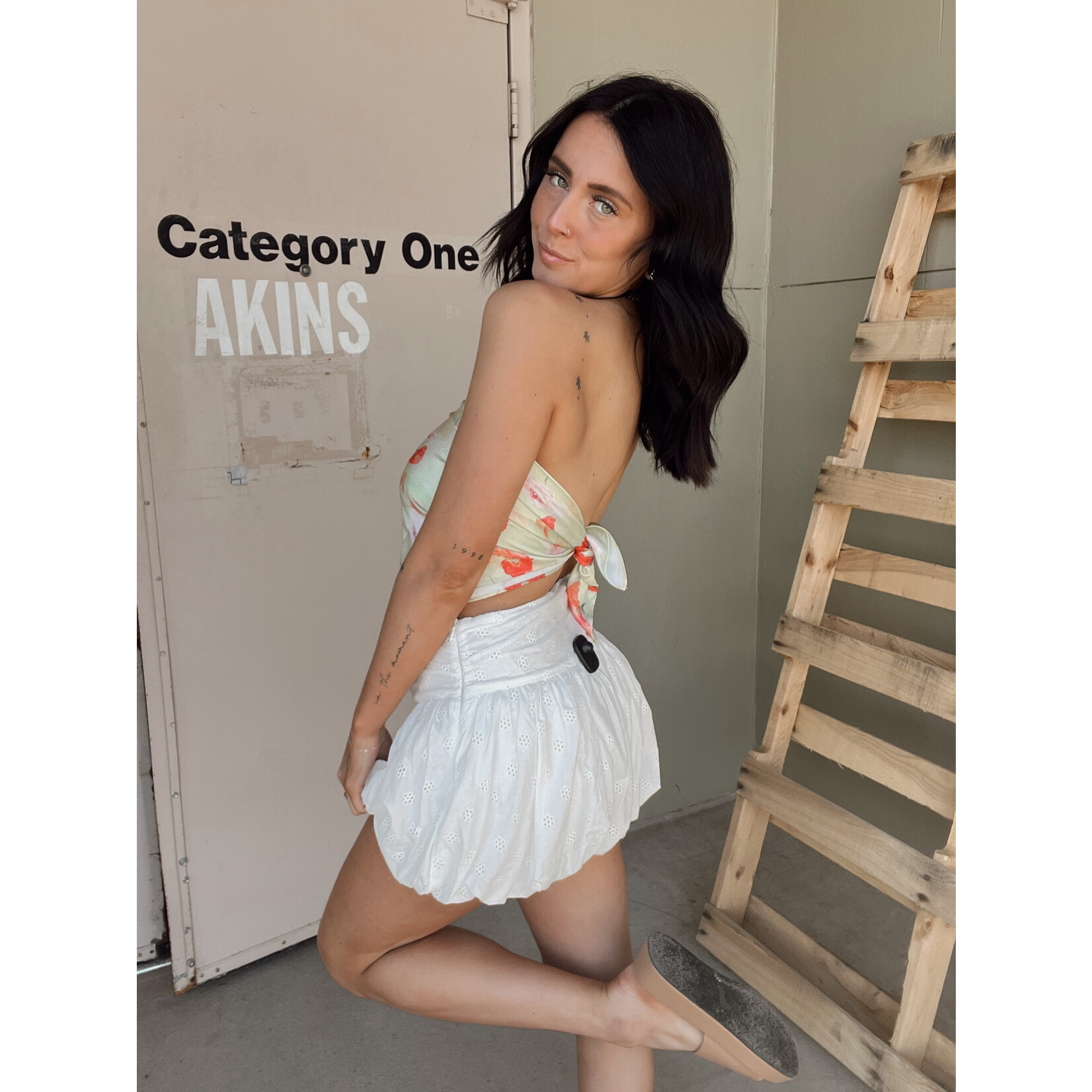 Eyelet Bubble Hem Mini Skirt