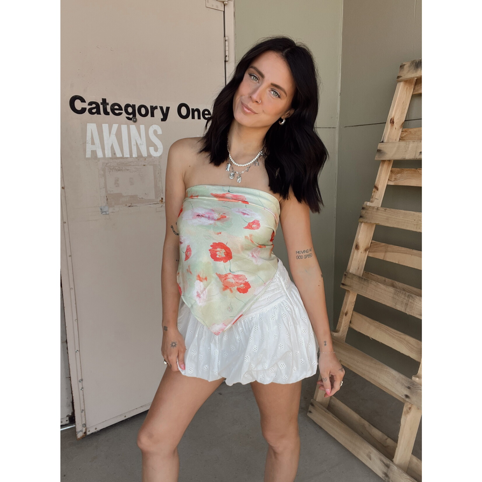 Eyelet Bubble Hem Mini Skirt