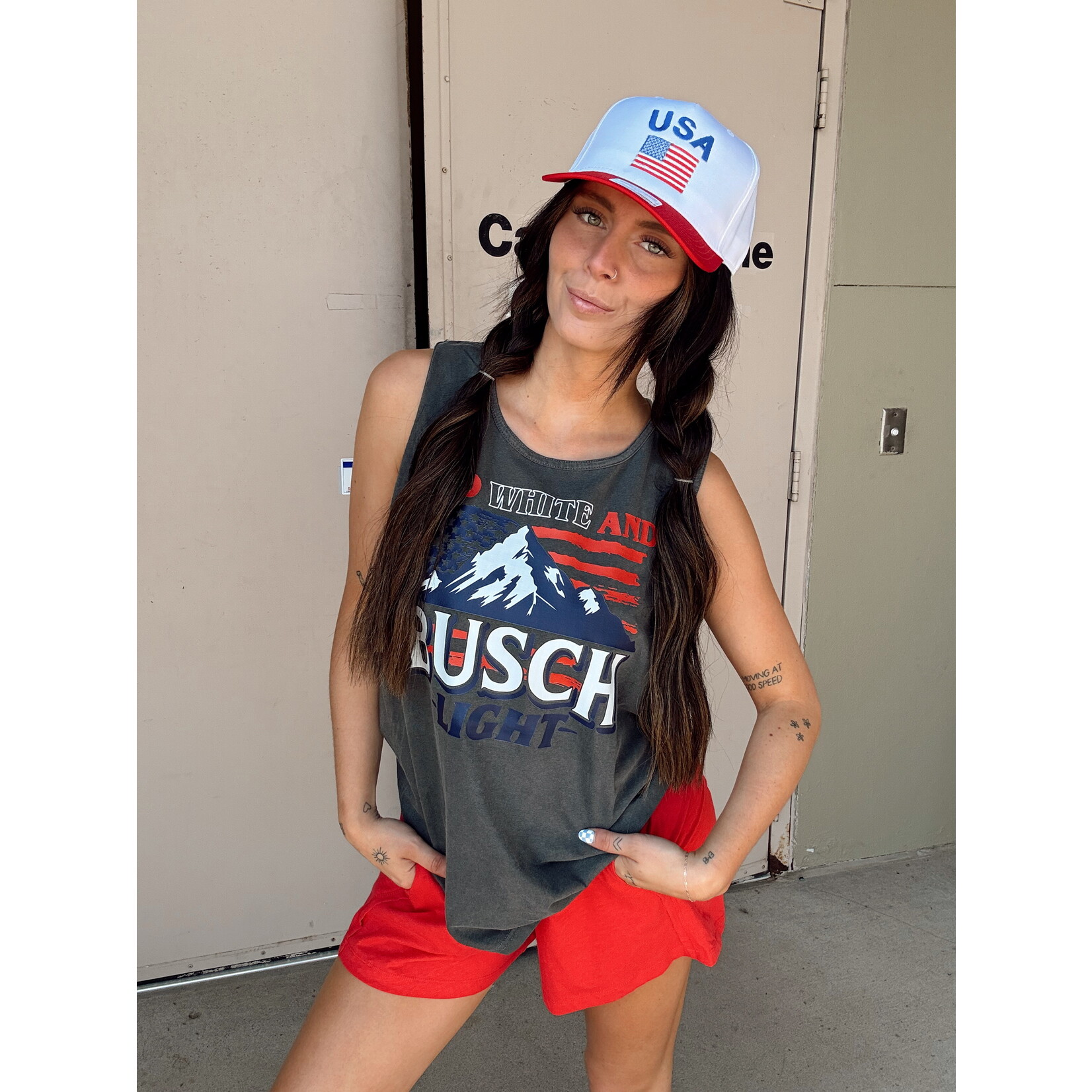 comfort colors Red, White and Busch Light Tank