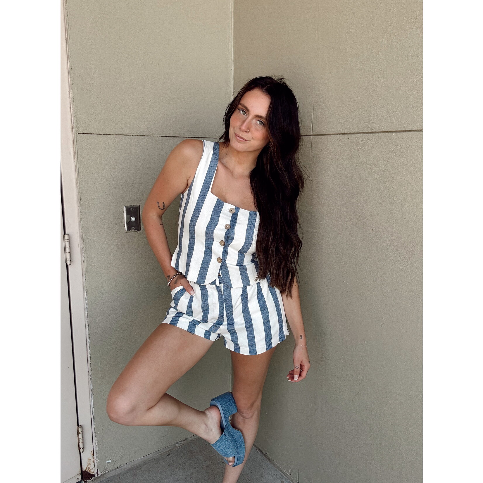 Stripe High Waist Linen Shorts
