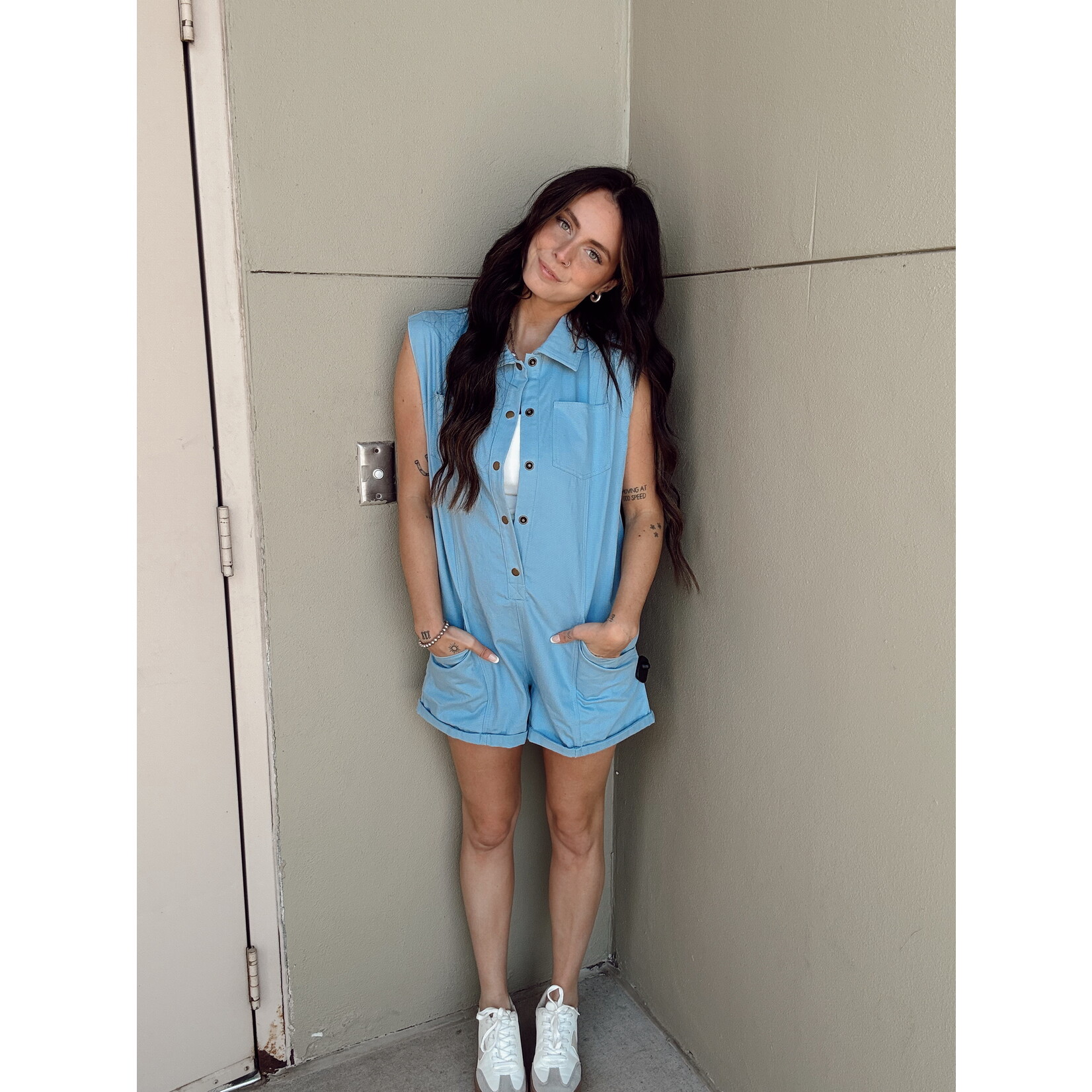 Color Denim Button Front Romper